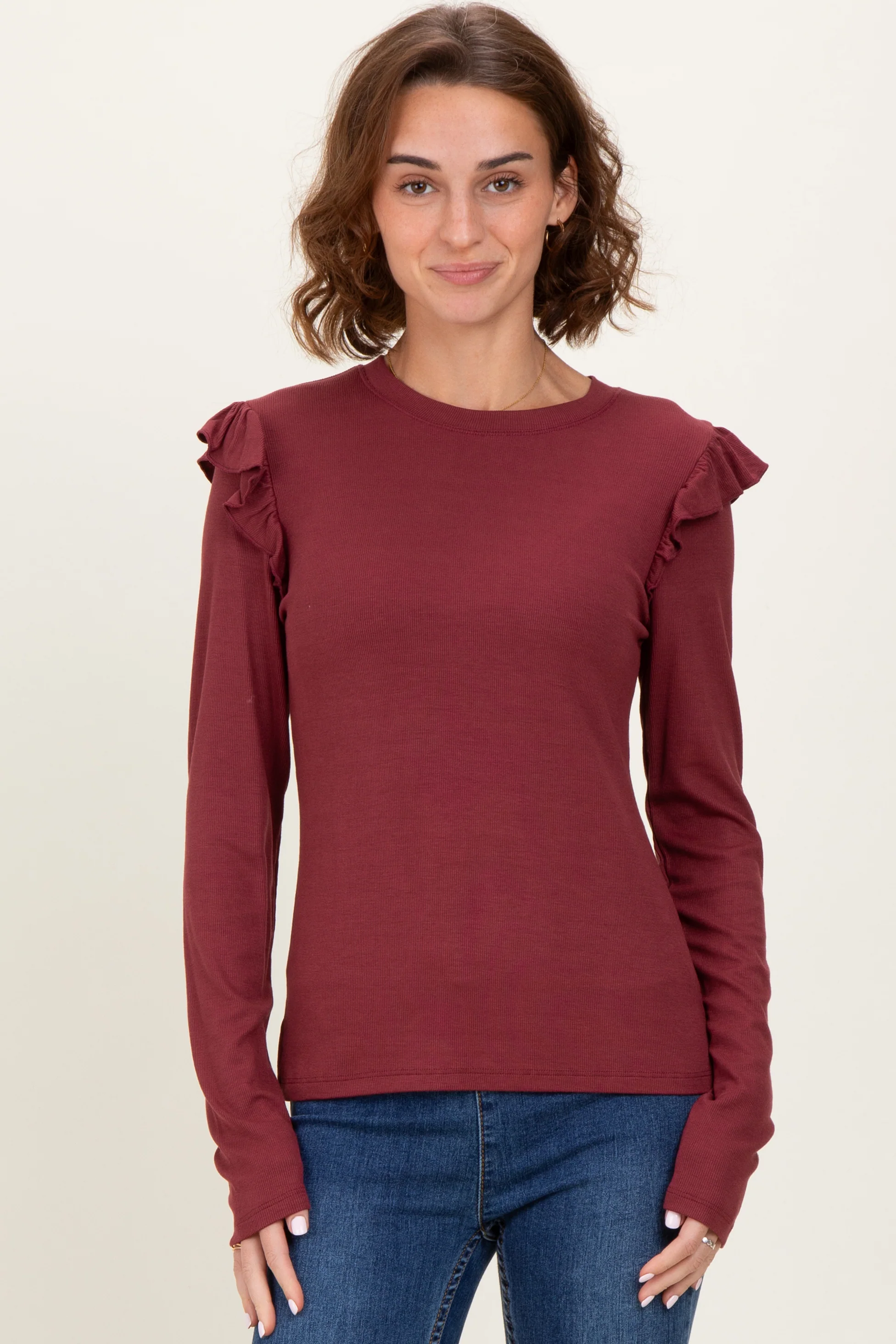 Burgundy Ribbed Knit Ruffle Detail Maternity Long Sleeve Top - Image 5