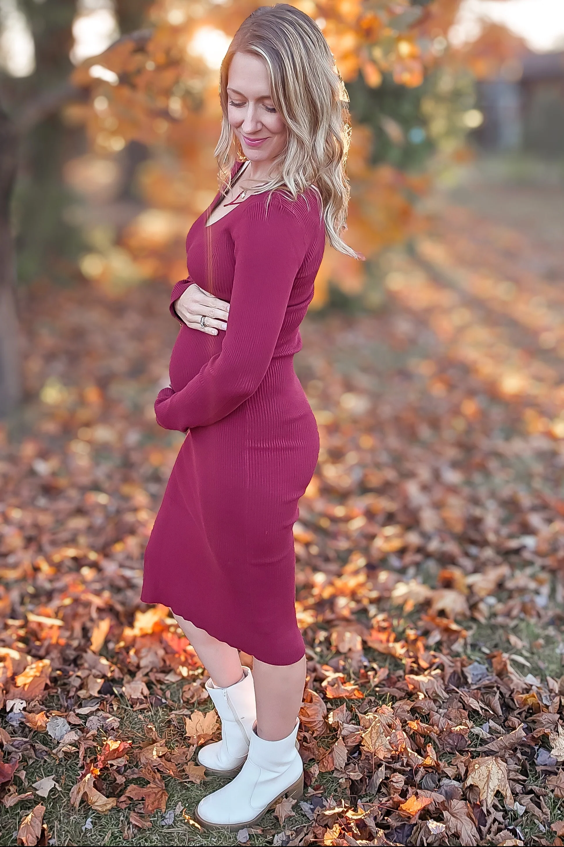 Burgundy Ribbed Knit Side Slit Maternity Midi Dress - Image 7