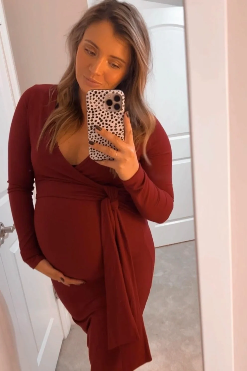 Burgundy Ribbed Long Sleeve Maternity Wrap Dress - Image 6