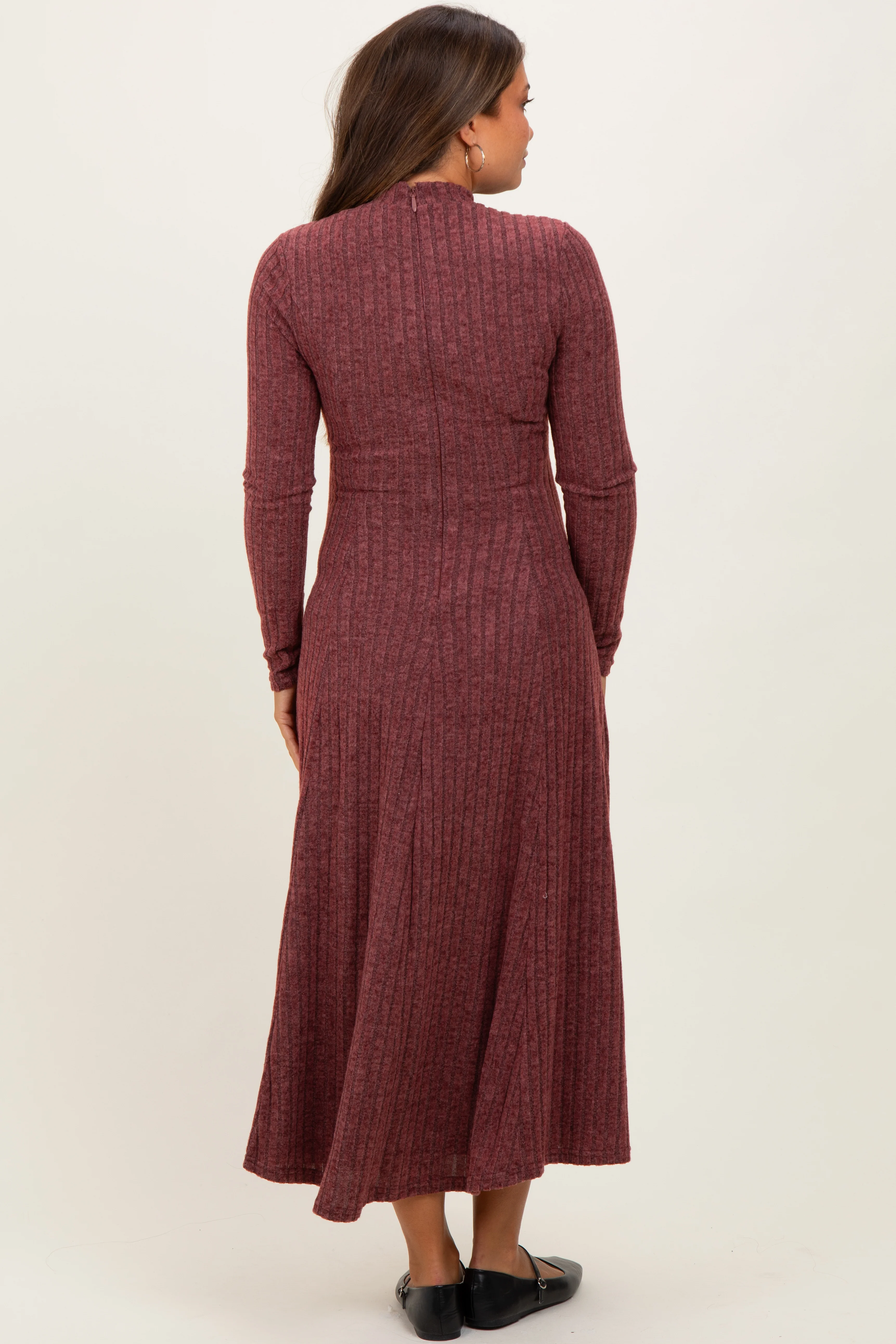 Burgundy Ribbed Mock Neck Maternity Midi Dress - Image 3