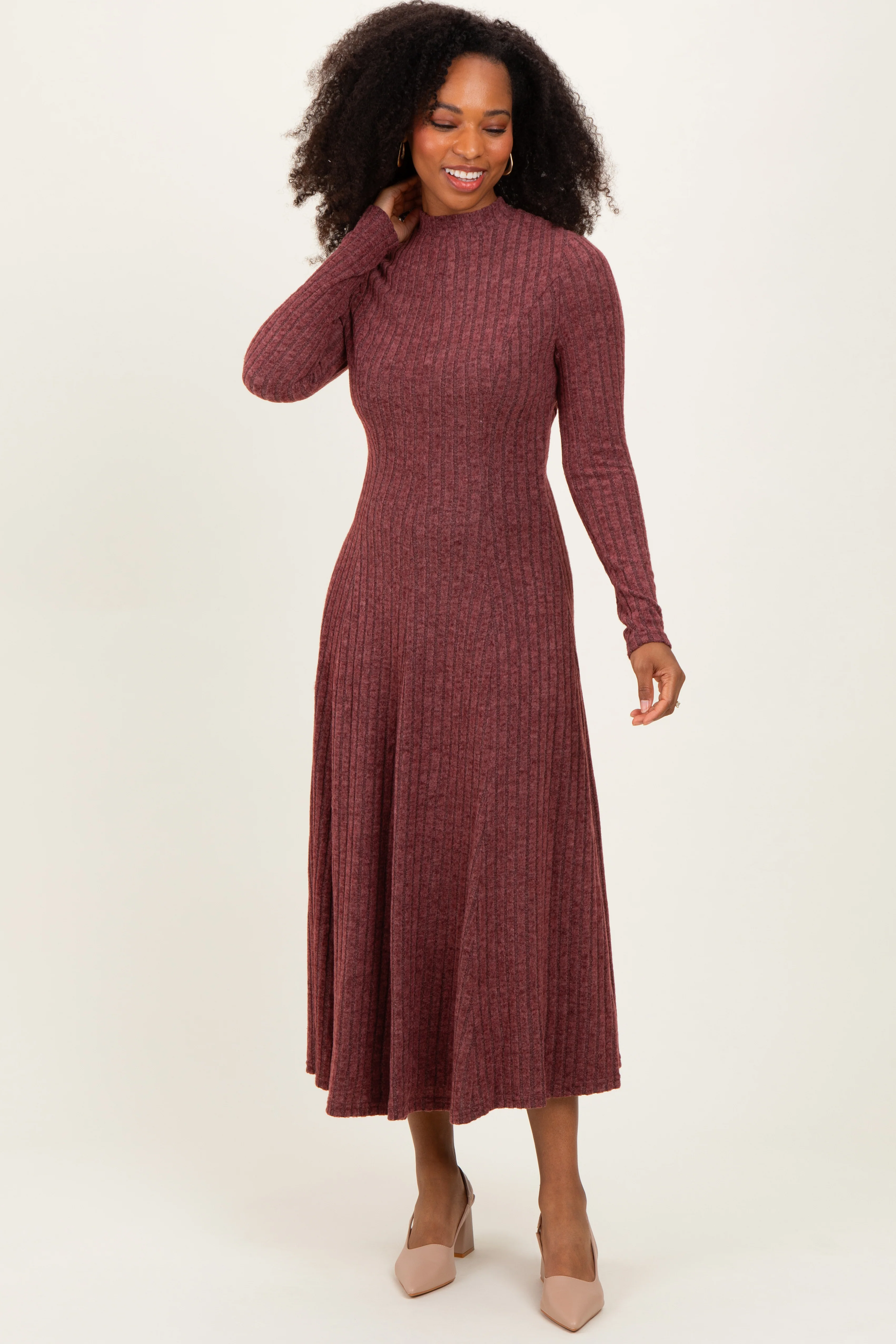 Burgundy Ribbed Mock Neck Midi Dress - Image 2
