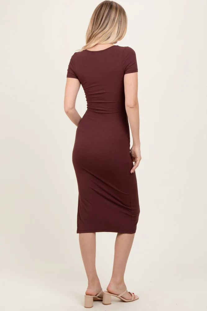 Burgundy Ribbed Short Sleeve Side Slit Midi Dress - Image 4