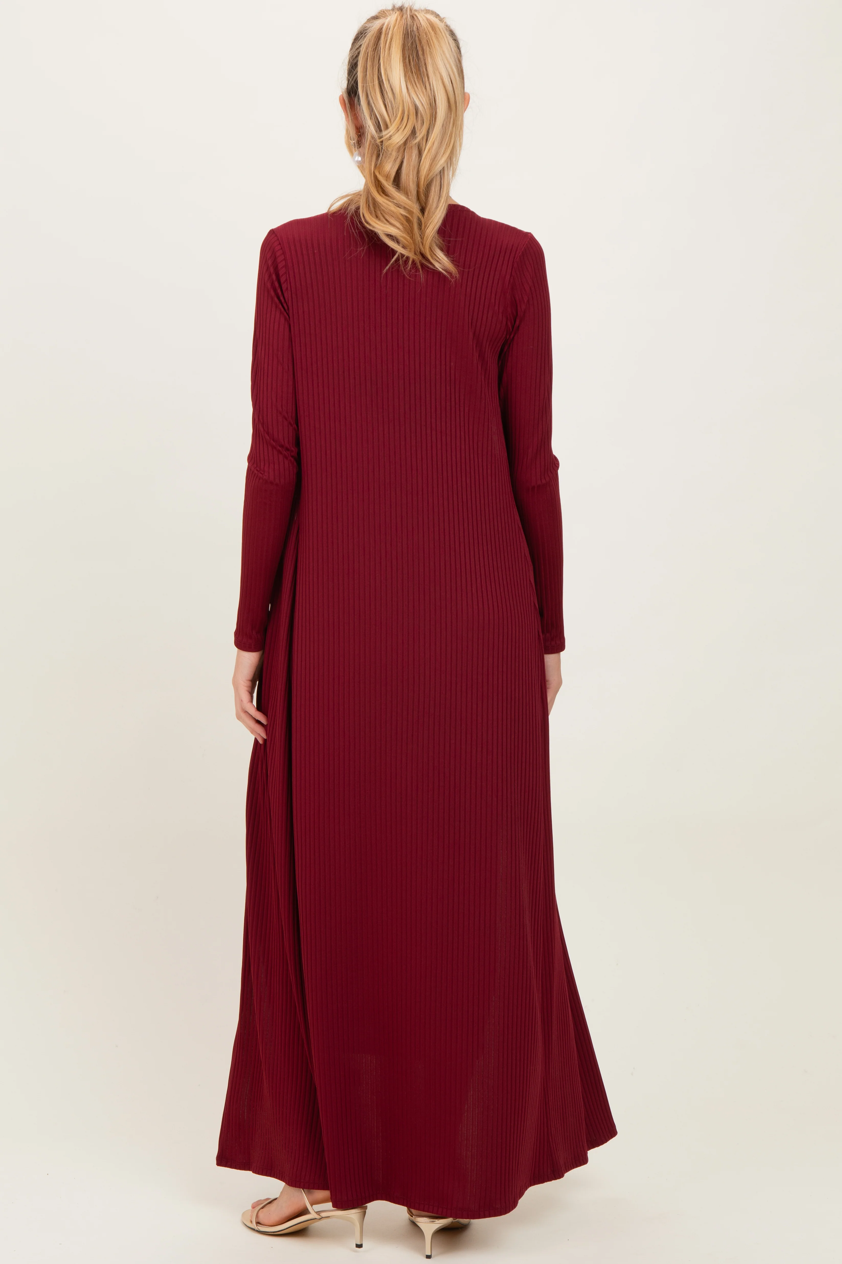 Burgundy Ribbed Sleeveless Dress Cardigan Maternity Set - Image 3
