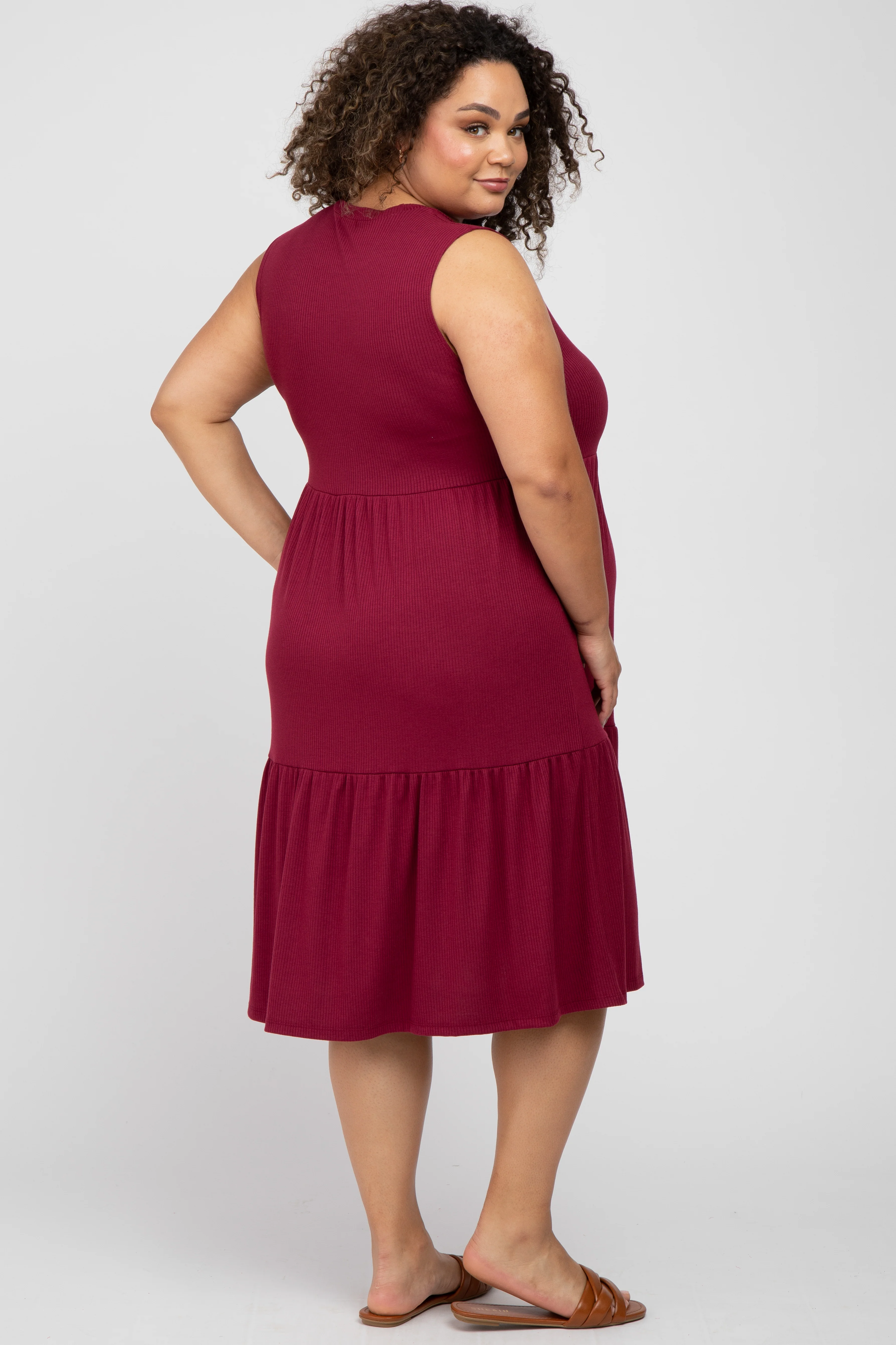 Burgundy Ribbed Sleeveless Plus Maternity Midi Dress - Image 3