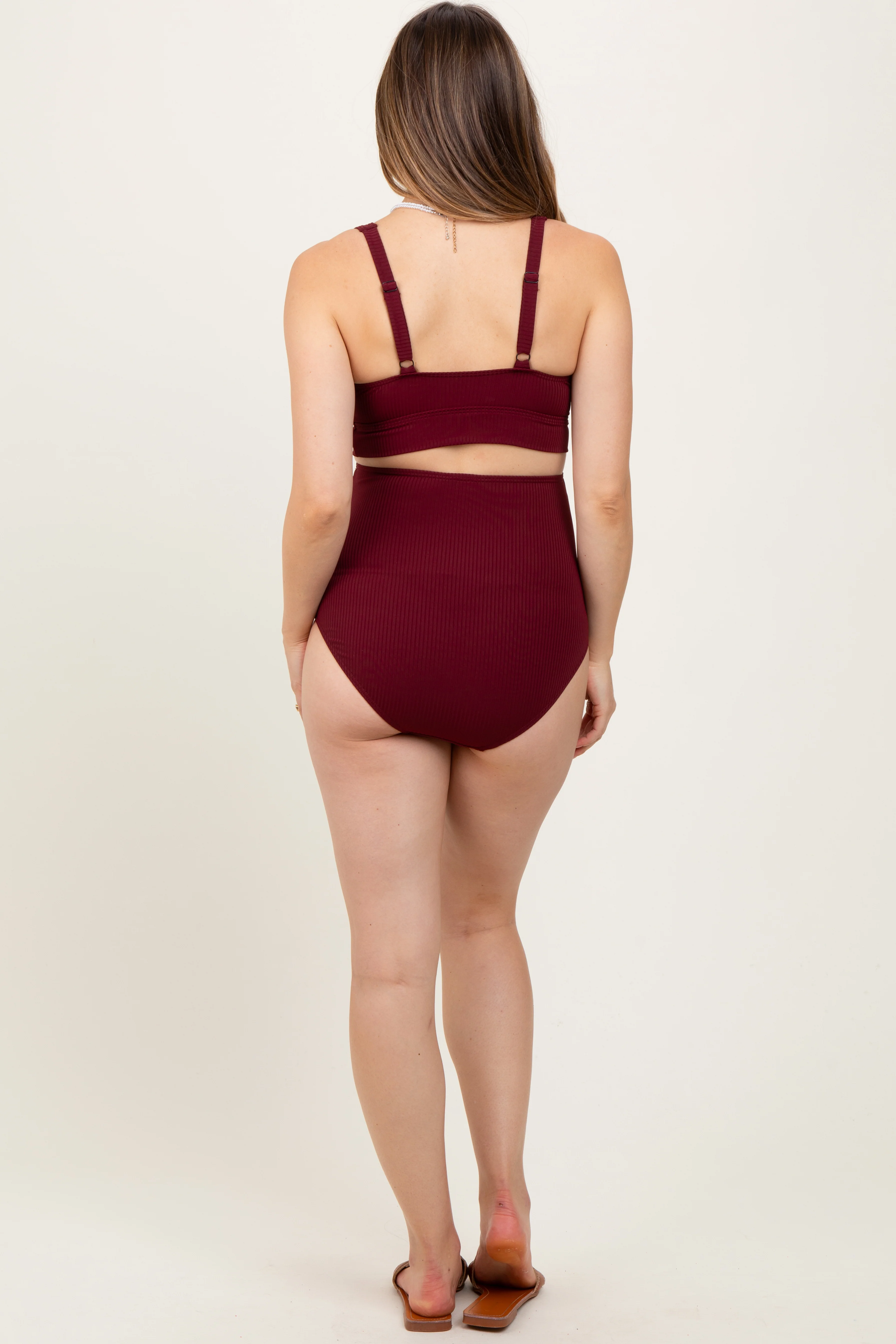 Burgundy Ribbed Twist Cutout Front Maternity Swim Set - Image 4