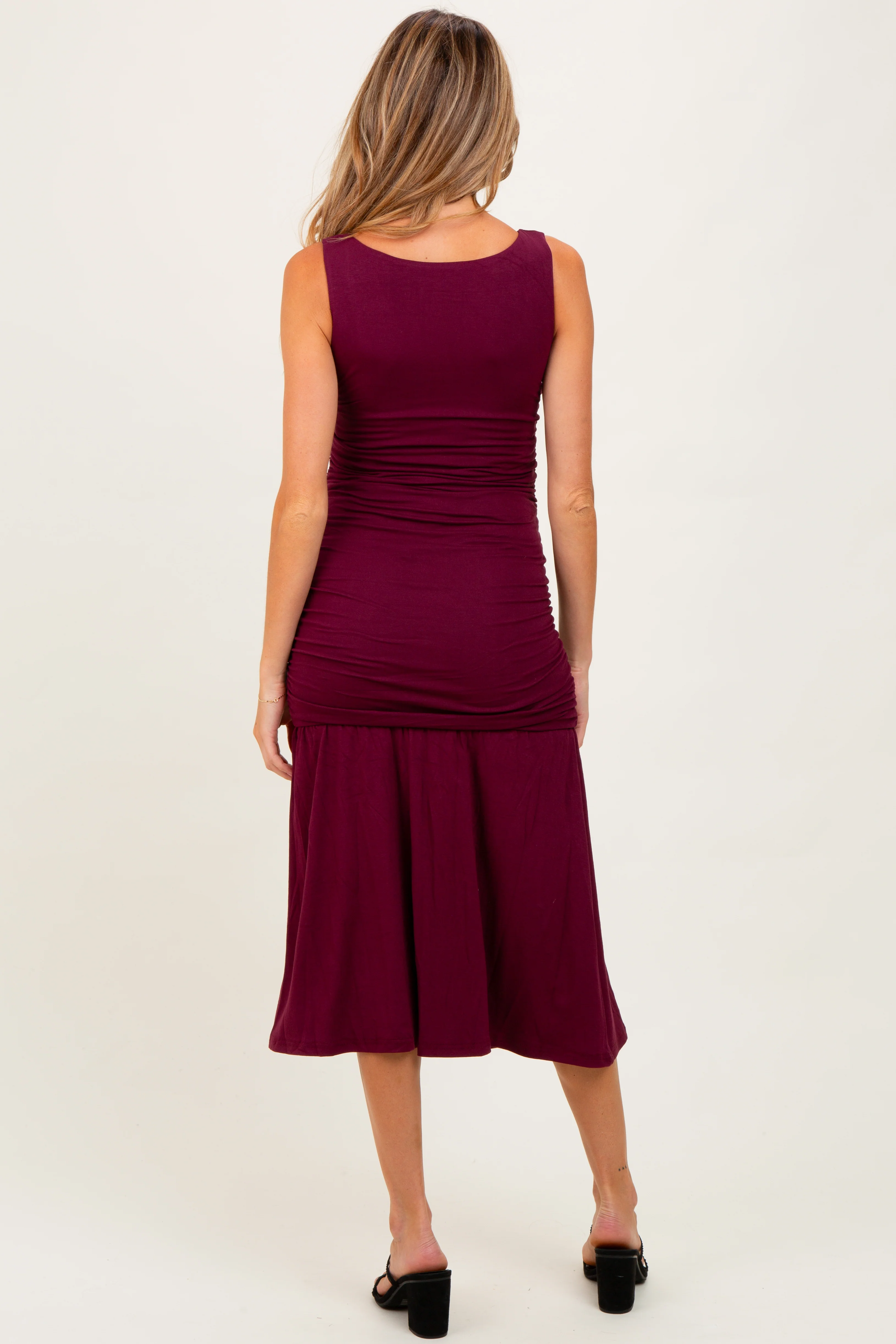 Burgundy Ruched Drop Waist Sleeveless Maternity Midi Dress - Image 4