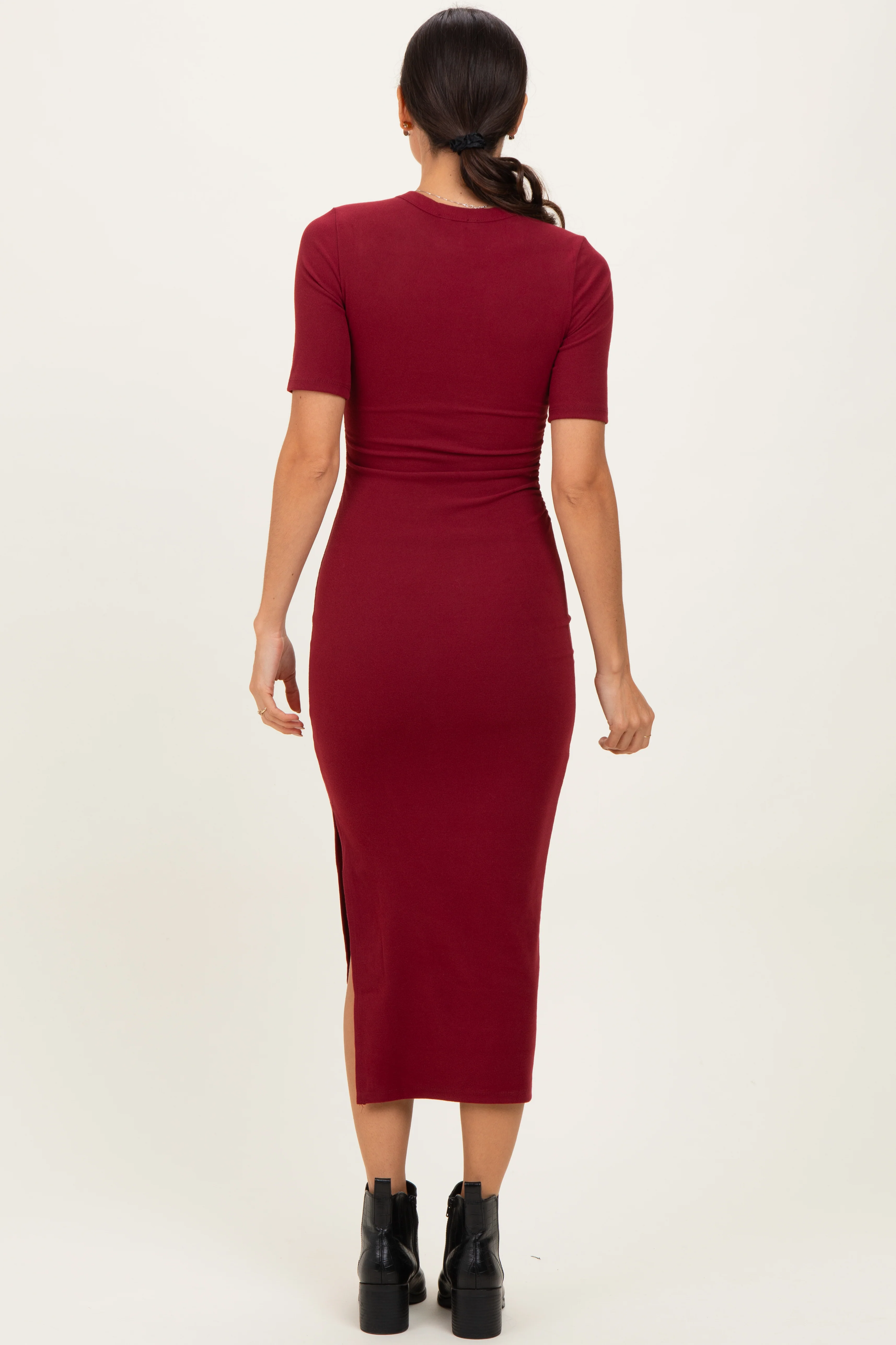 Burgundy Ruched Side Slit Midi Dress - Image 4
