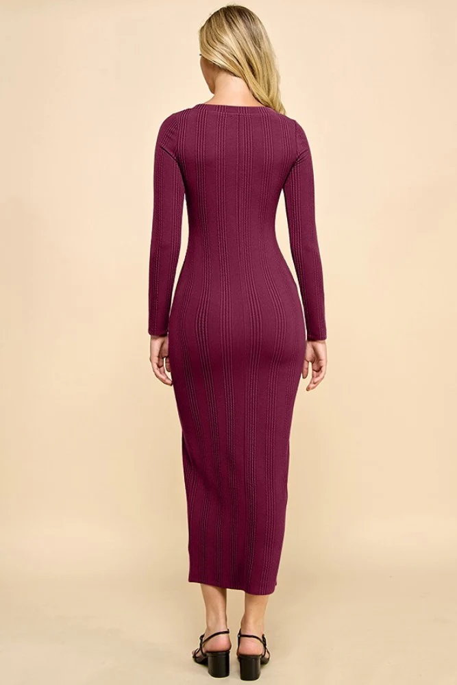 Burgundy Scoop Neck Long Sleeve Front Slit Maxi Dress - Image 3