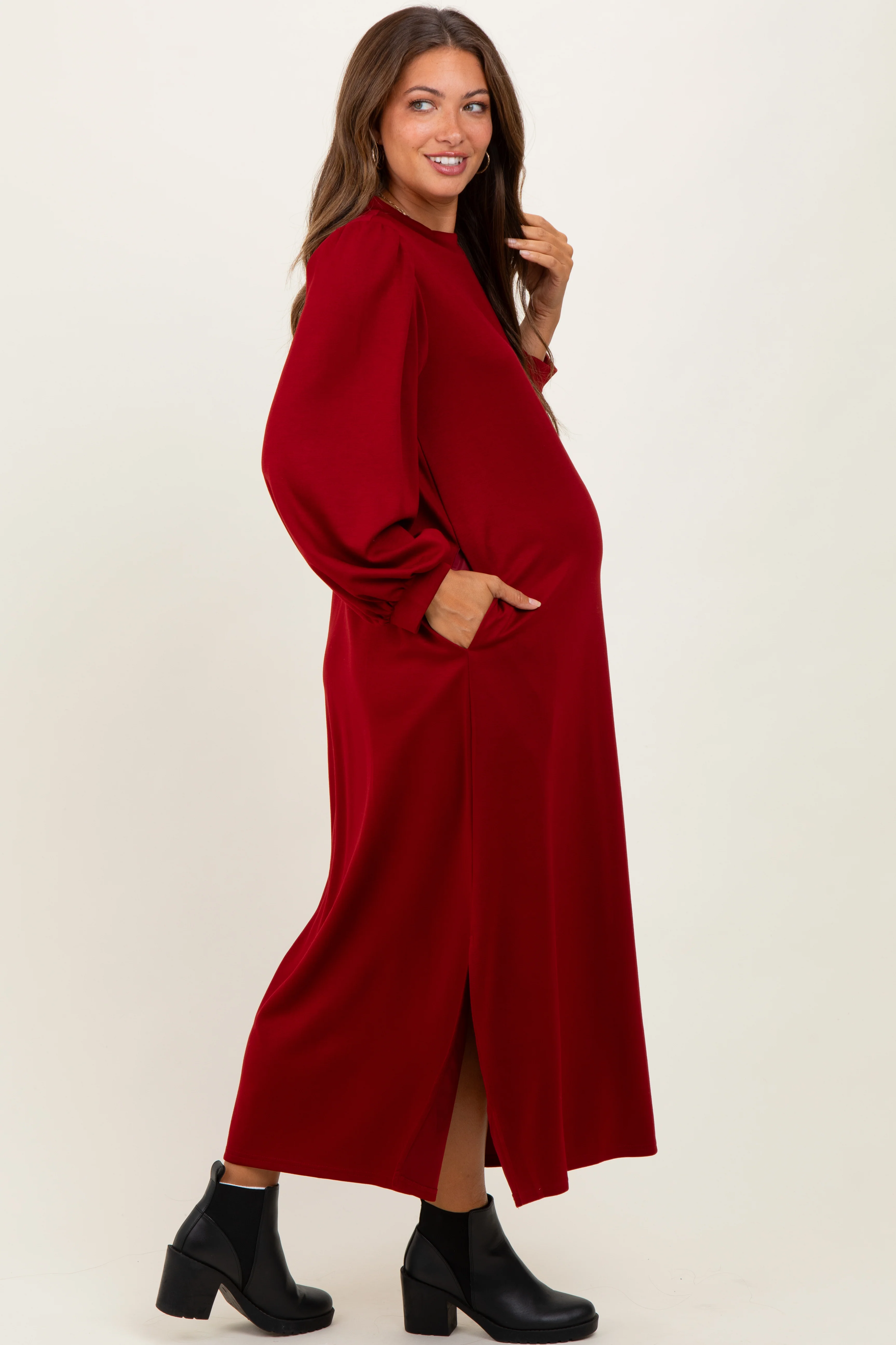 Burgundy Side Slit Detail Solid Maternity Midi Dress - Image 3