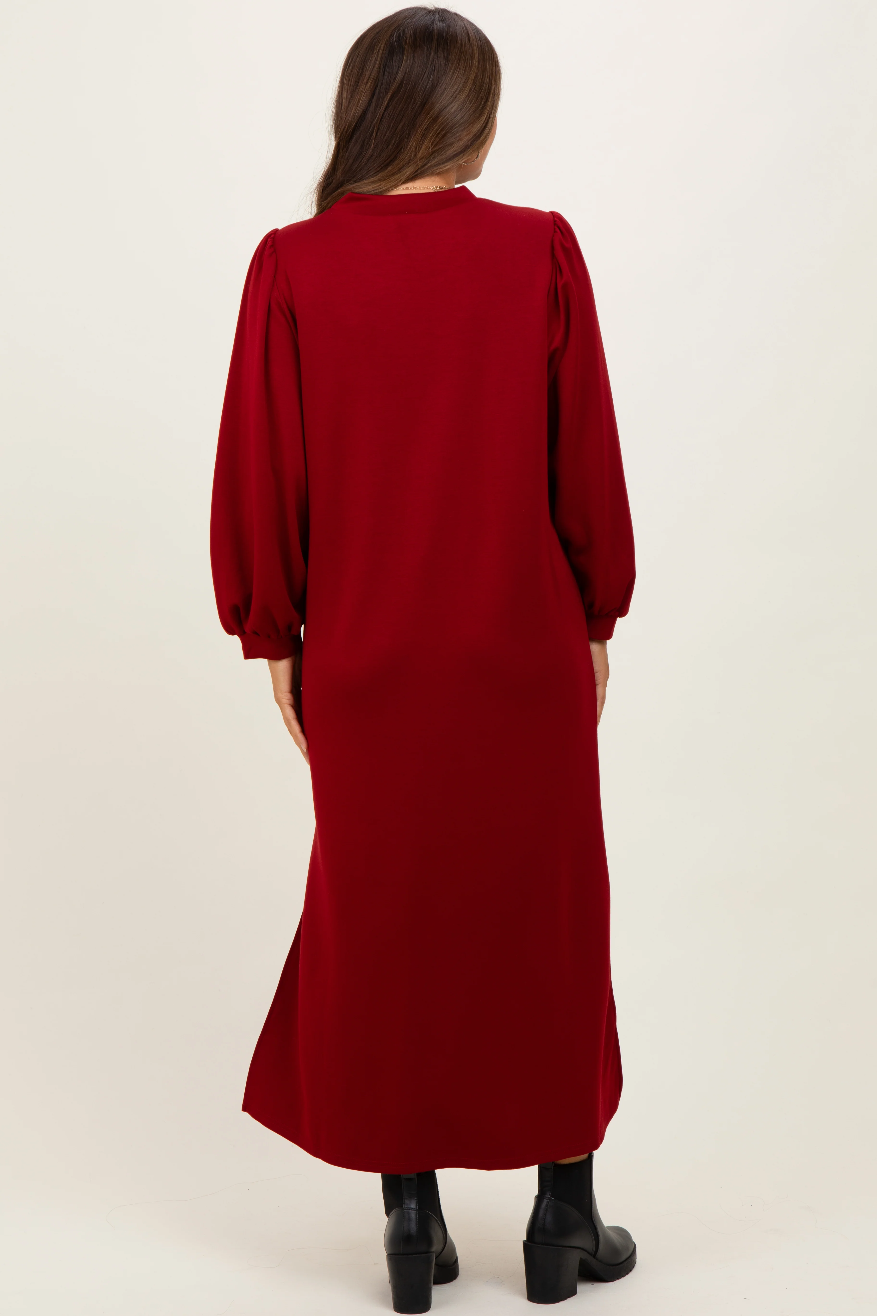 Burgundy Side Slit Detail Solid Maternity Midi Dress - Image 4