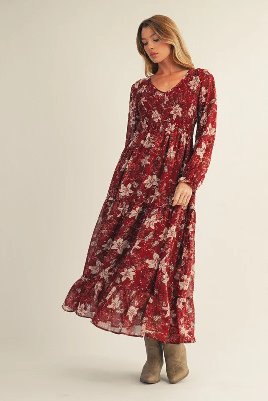 Burgundy Smocked Floral Midi Dress - Image 3