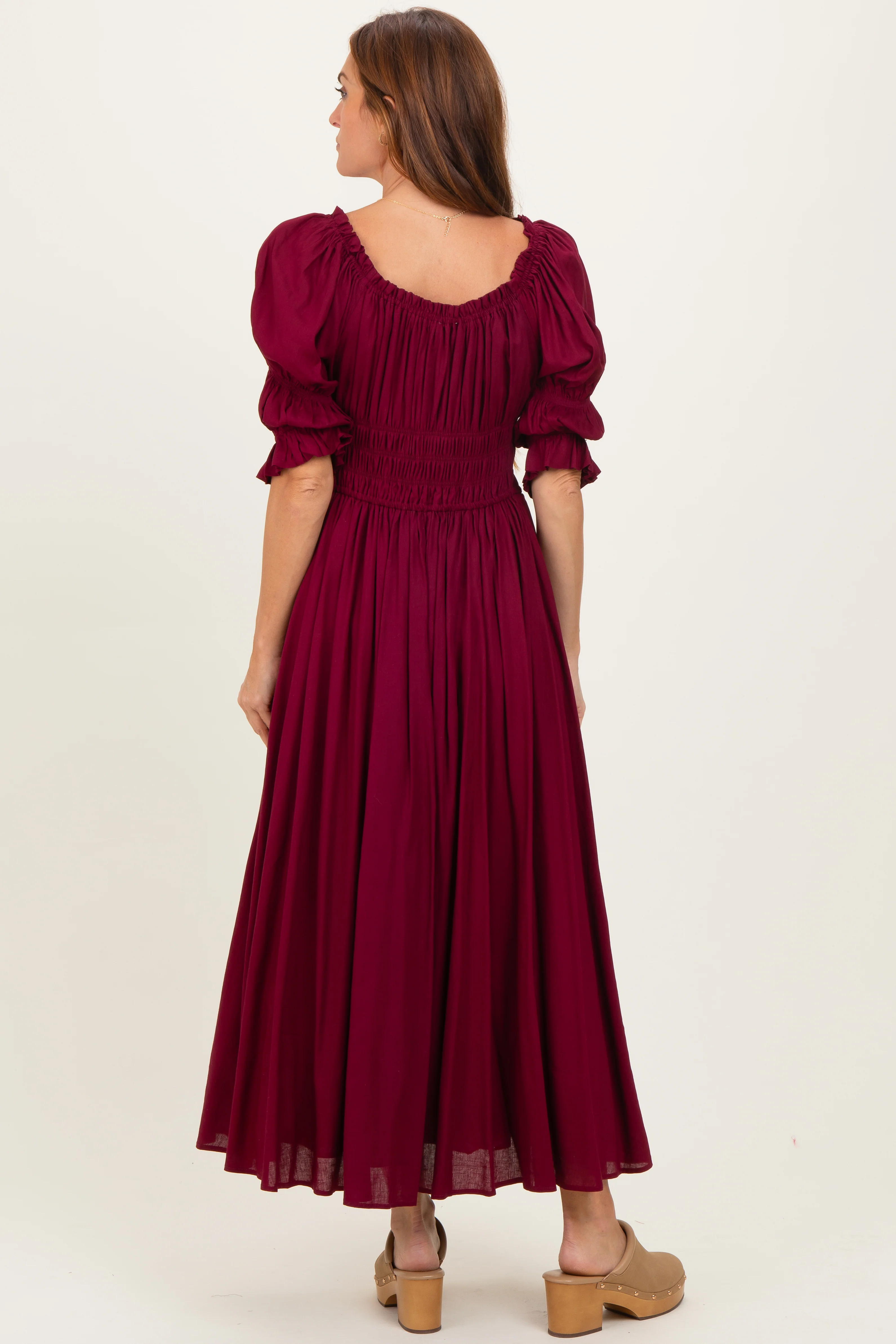 Burgundy Smocked Ruffle Square Neck Midi Dress - Image 3