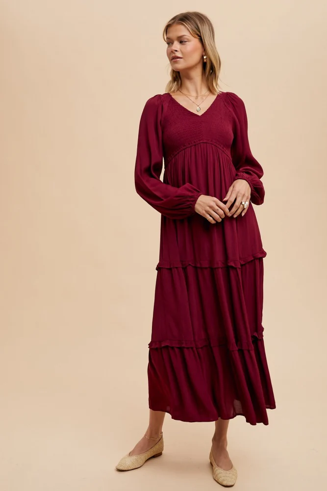 Burgundy Smocked Tiered Maternity Midi Dress - Image 5