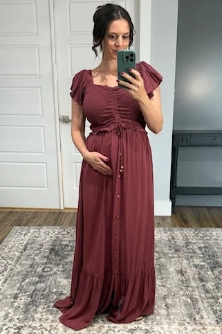 Burgundy Smocked Top Woven Maternity Maxi Dress - Image 5