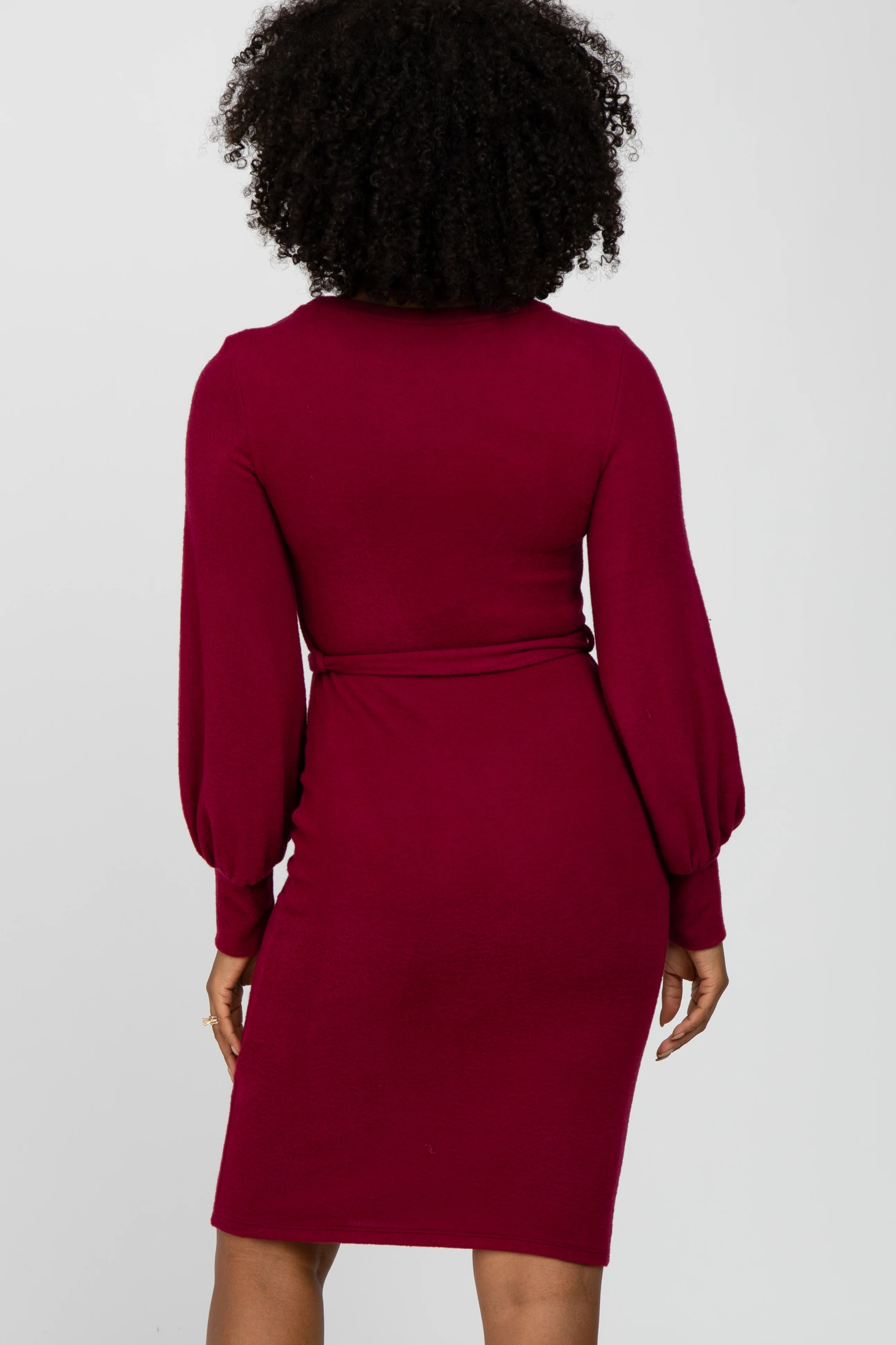 Burgundy Soft Brushed Waist Tie Bubble Sleeve Dress - Image 4