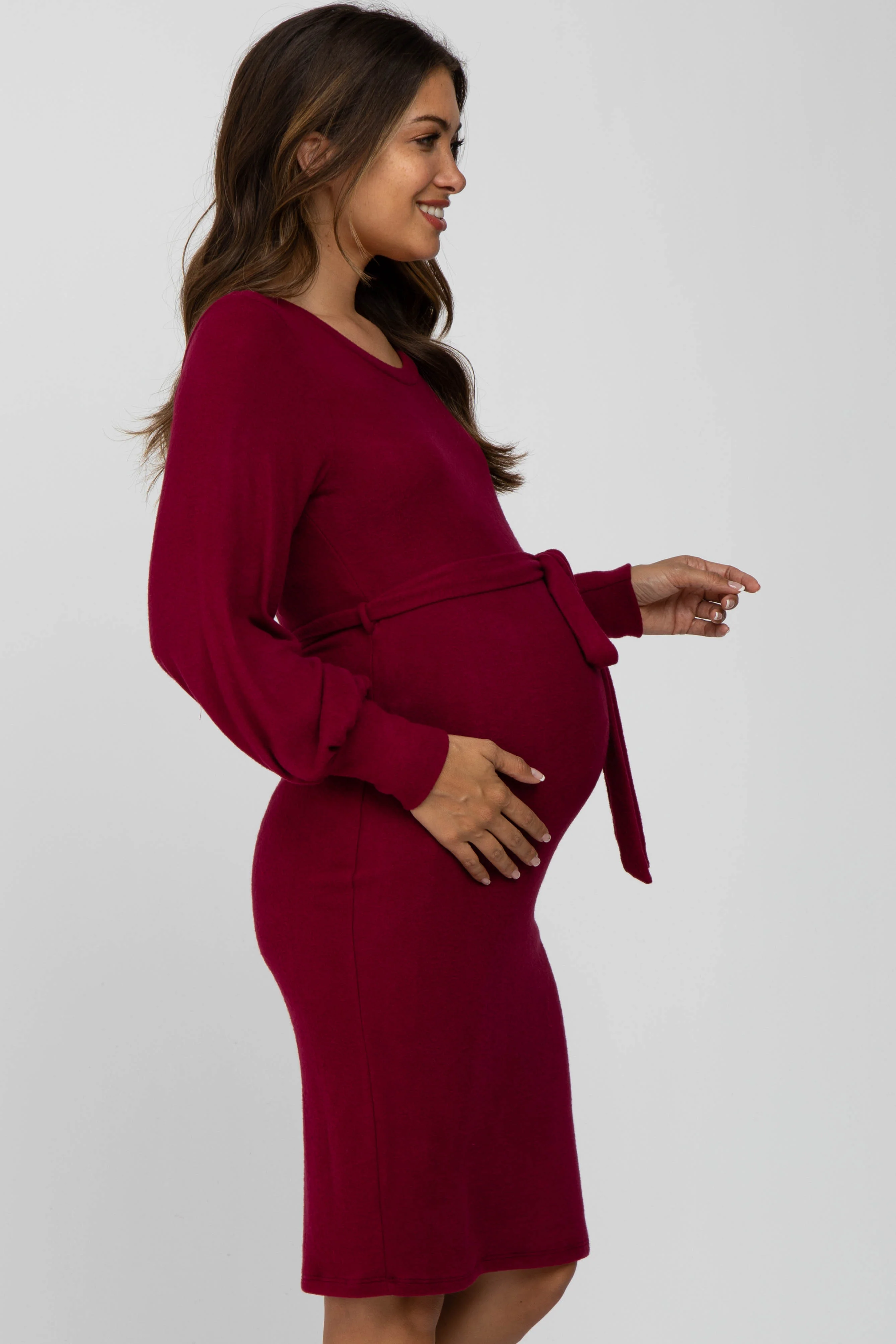 Burgundy Soft Brushed Waist Tie Bubble Sleeve Maternity Dress - Image 3