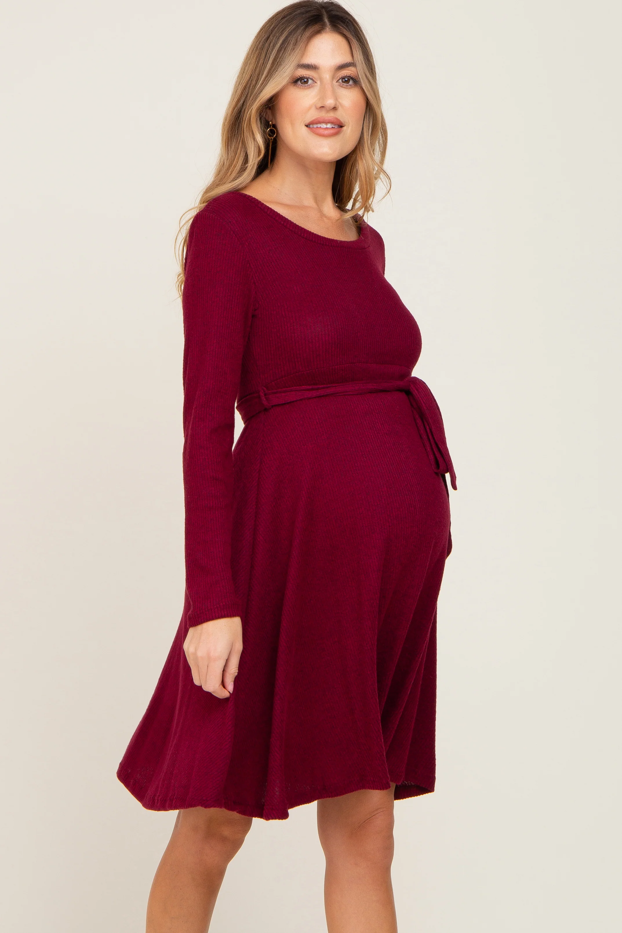 Burgundy Soft Rib Knit Sash Tie Maternity Dress - Image 3