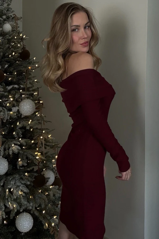 Burgundy Soft Ribbed Folded Neck Off Shoulder Dress - Image 3
