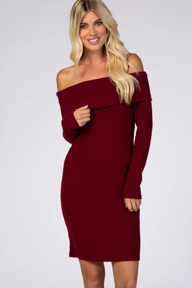 Burgundy Soft Ribbed Folded Neck Off Shoulder Maternity Dress - Image 5