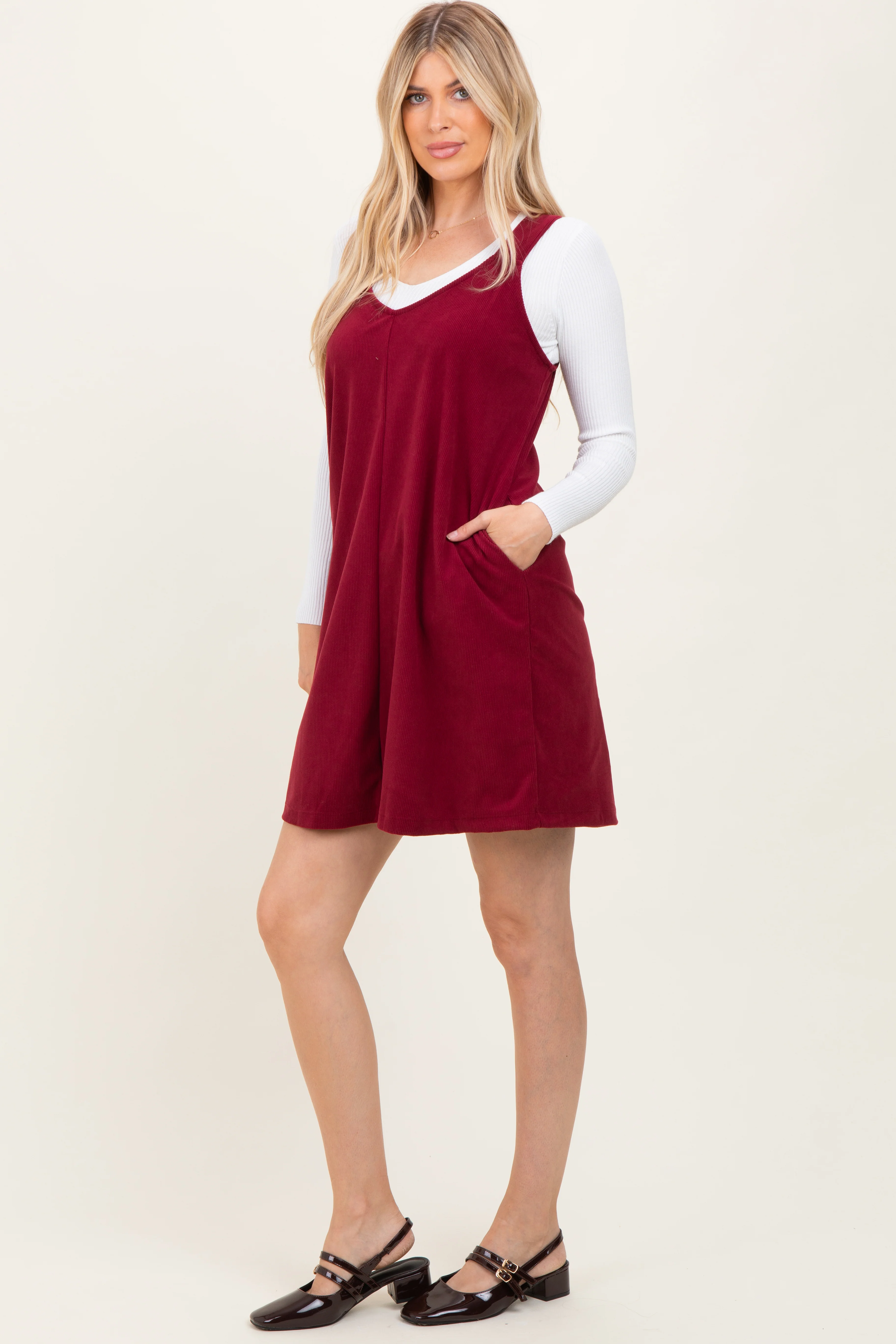 Burgundy Solid Corduroy V-Neck A-Line Mini Dress - Image 3