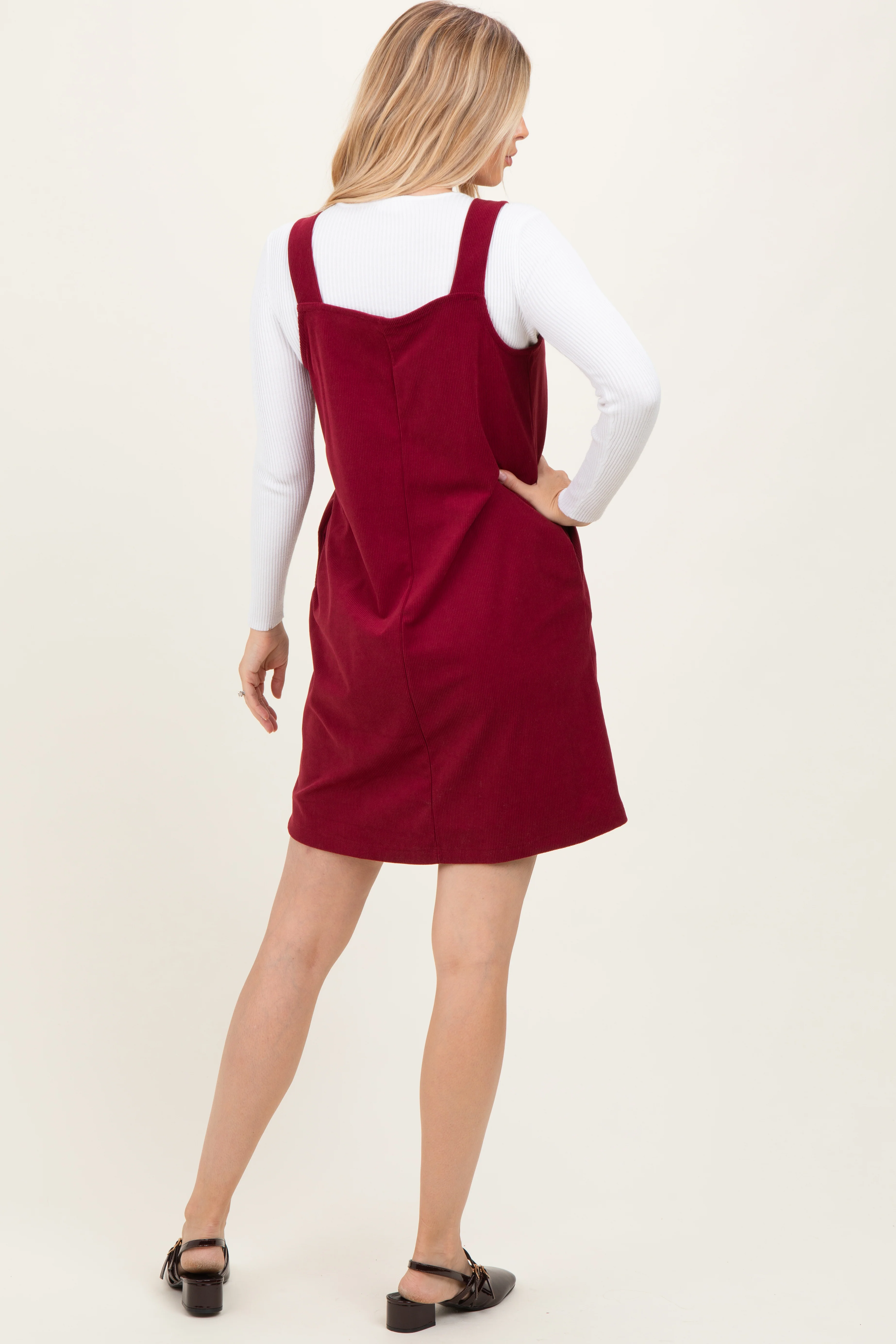 Burgundy Solid Corduroy V-Neck A-Line Mini Dress - Image 4