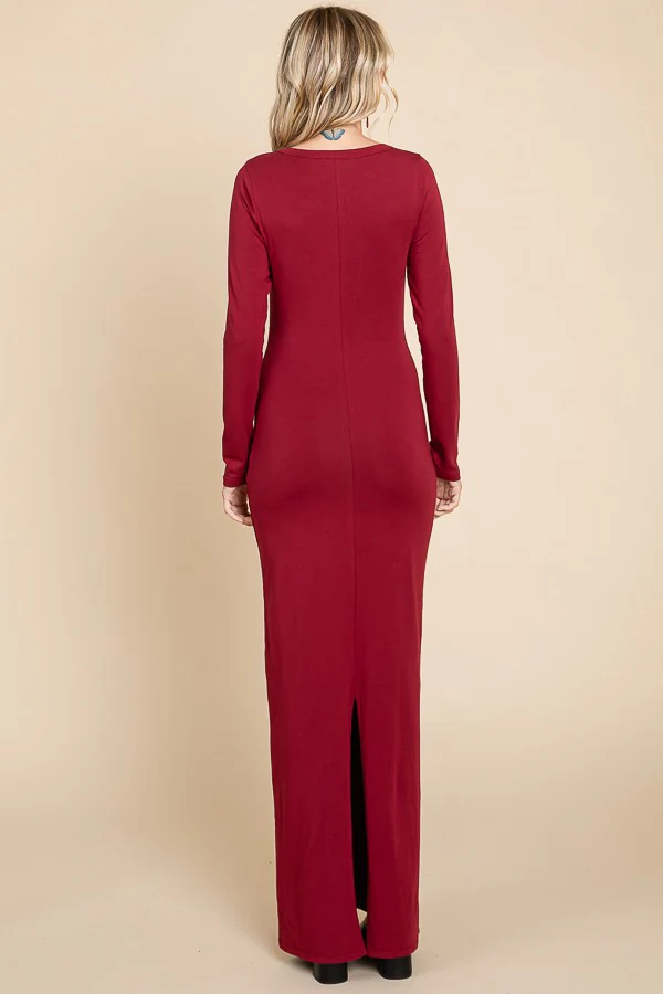 Burgundy Solid Long Sleeve Scoop Neck Maxi Dress - Image 3