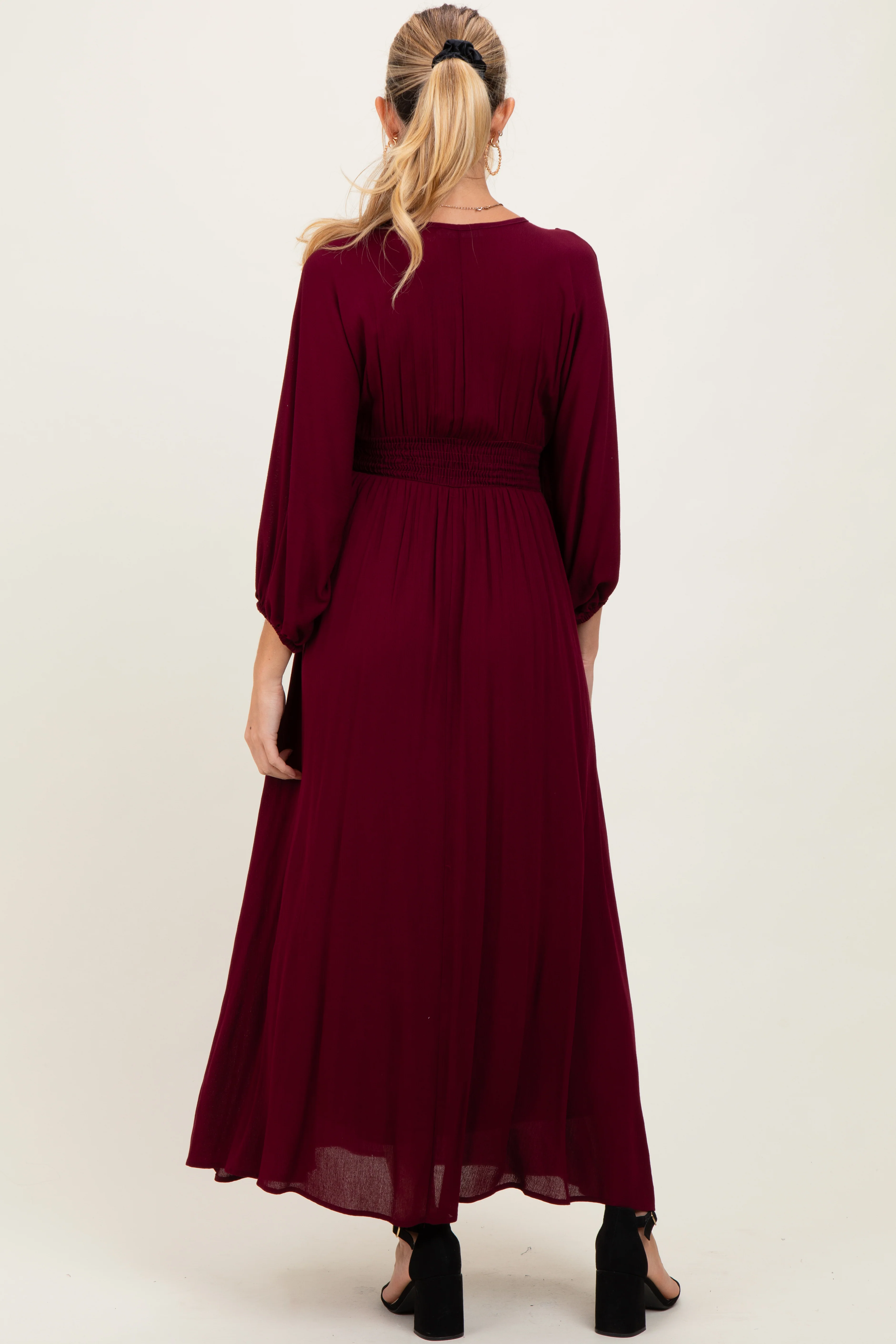 Burgundy Solid Long Sleeve V-Neck Smocked Detail Maternity Maxi Dress - Image 4