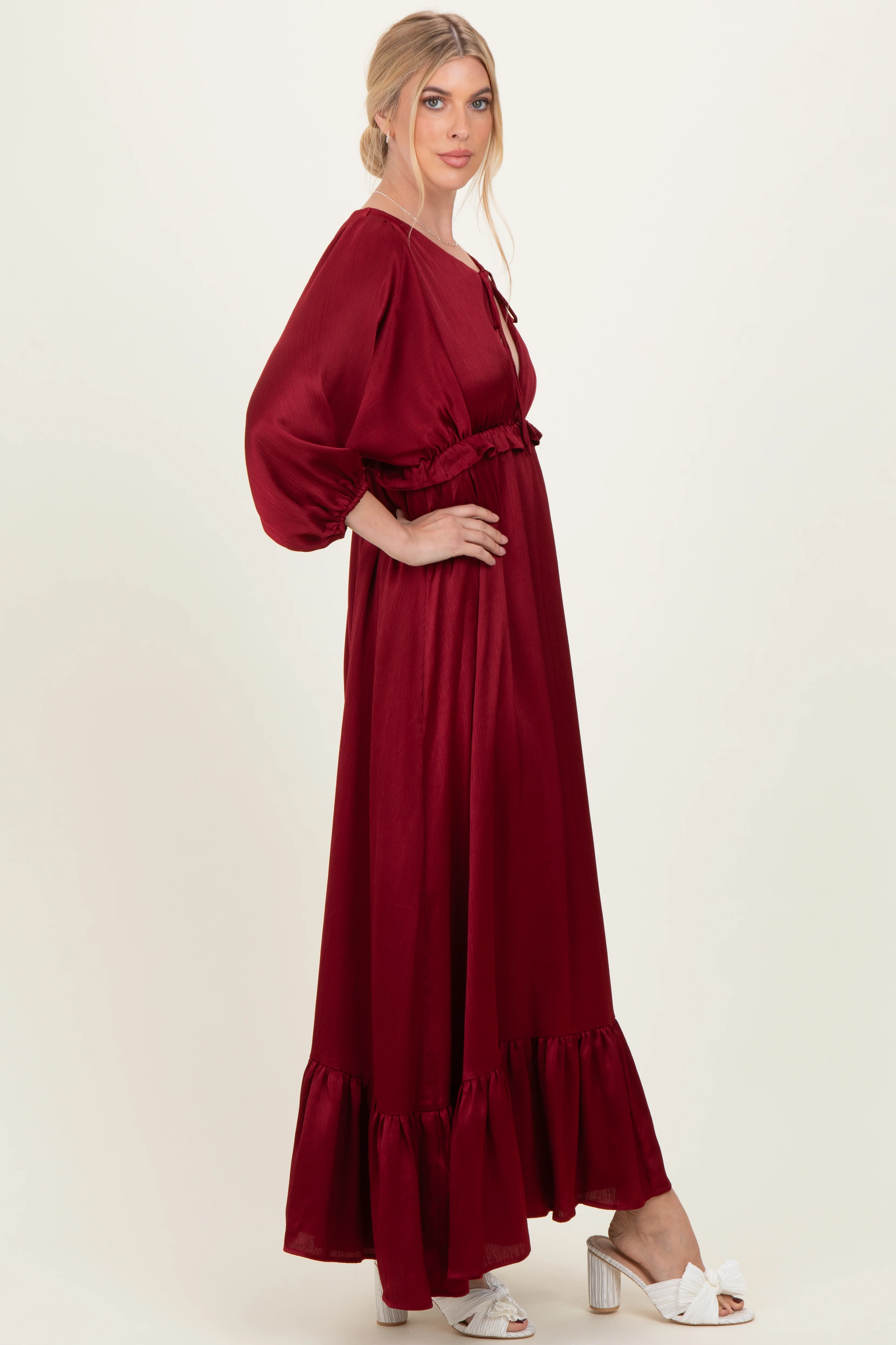 Burgundy Solid Satin Long Sleeve Open V-Neck Ruffle Waist Tiered Maxi Dress - Image 3