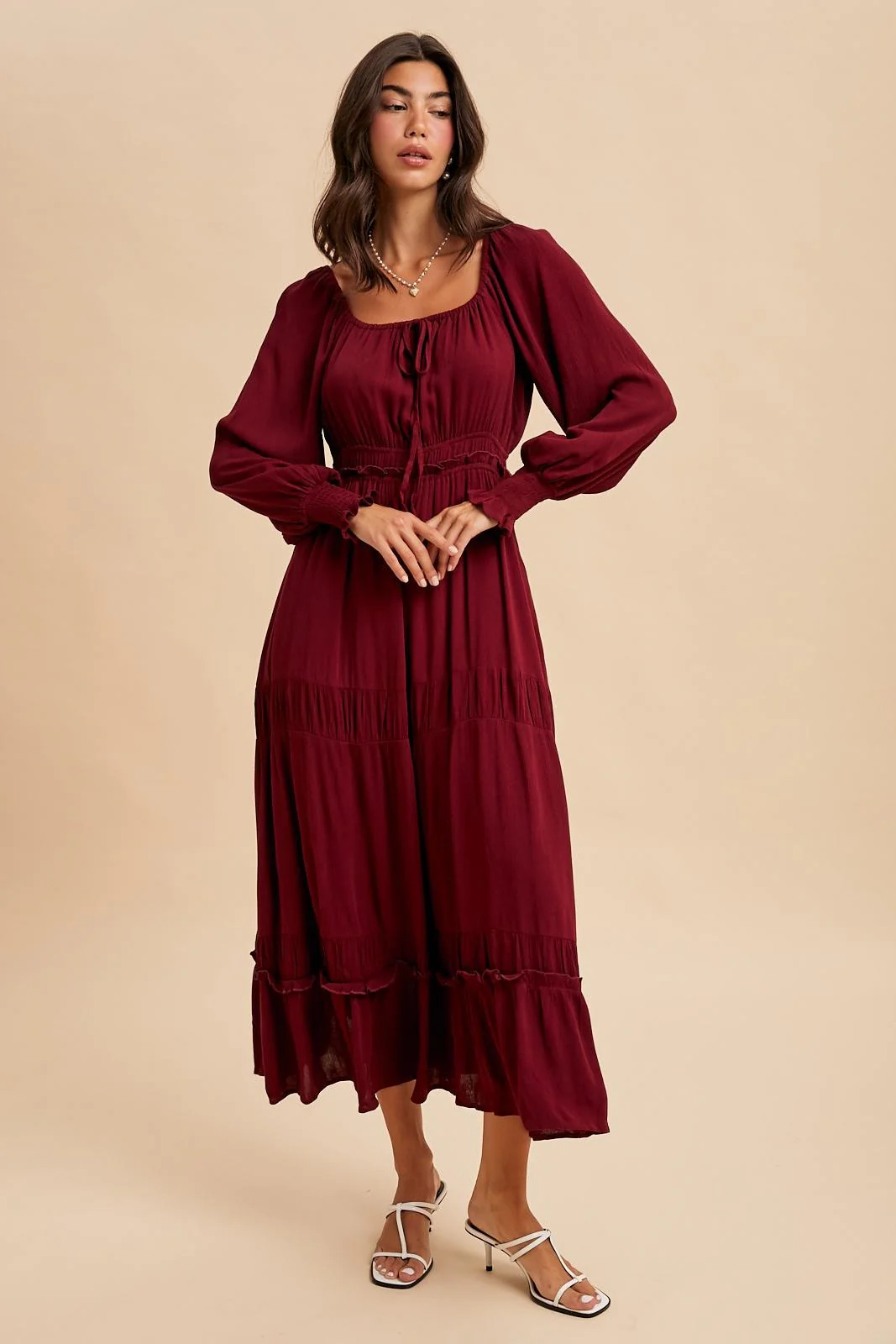 Burgundy Square Neck Long Sleeve Maxi Dress - Image 3