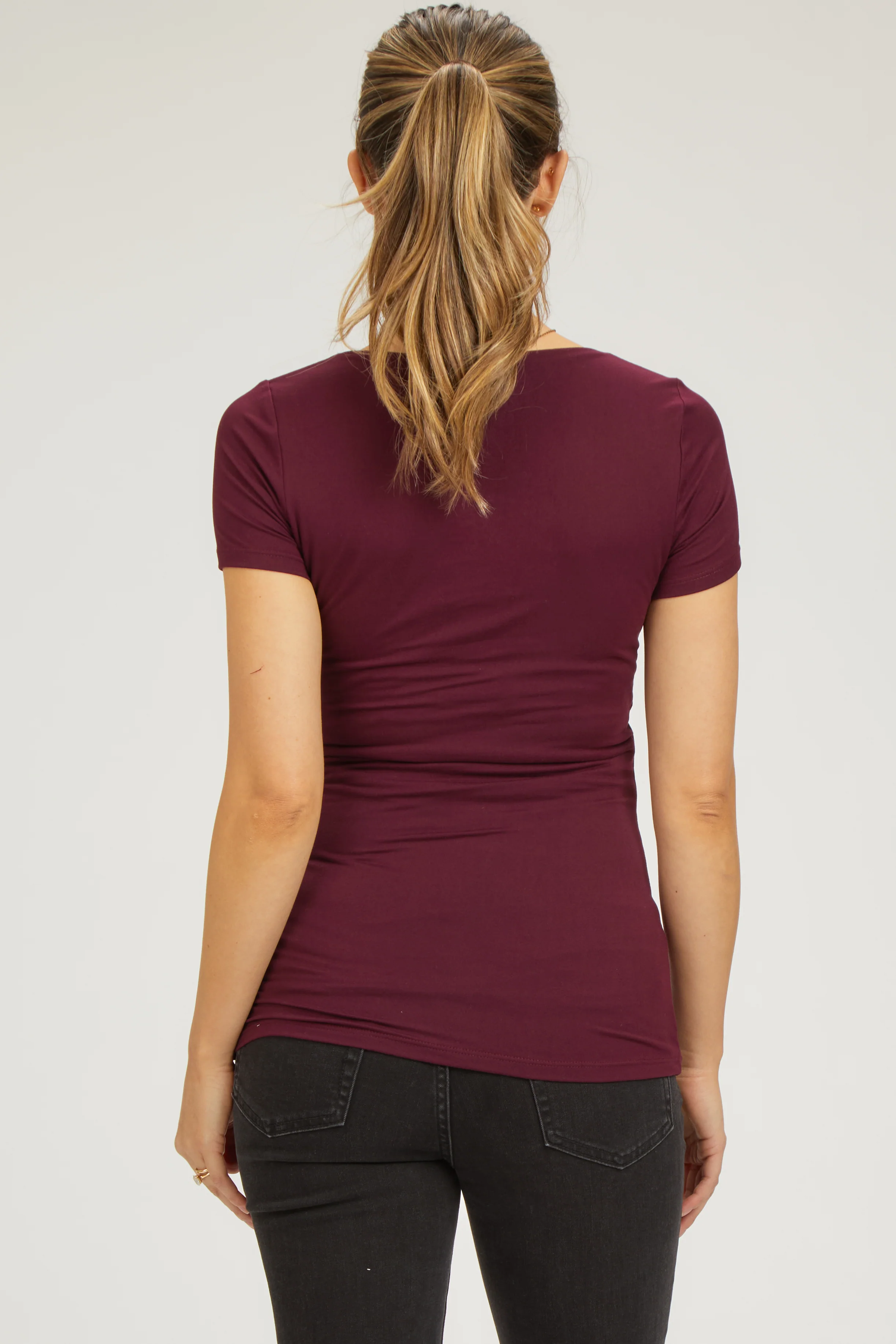Burgundy Square Neck Short Sleeve Maternity Top - Image 3