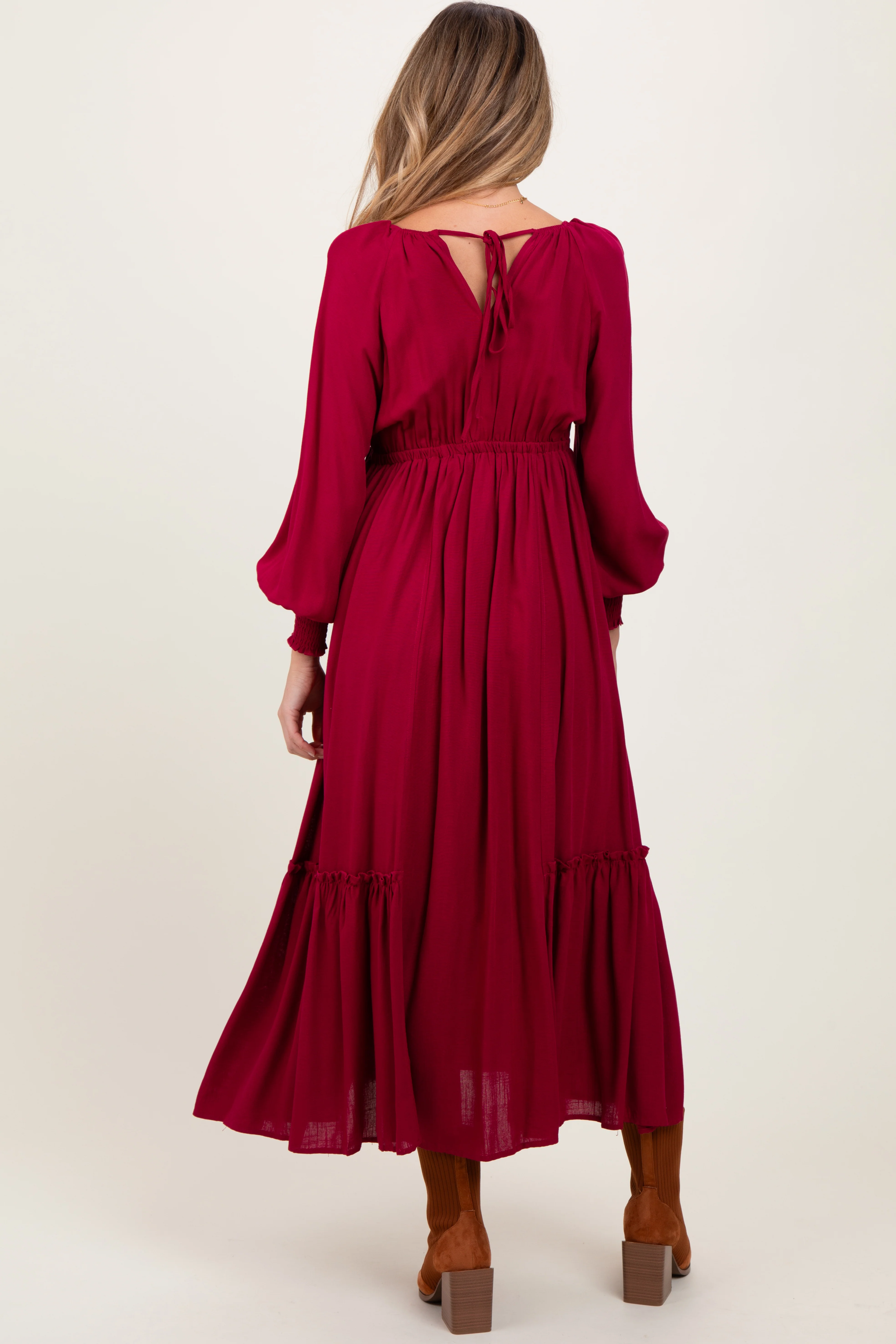 Burgundy Square Neckline Bubble Sleeve Maternity Maxi Dress - Image 3