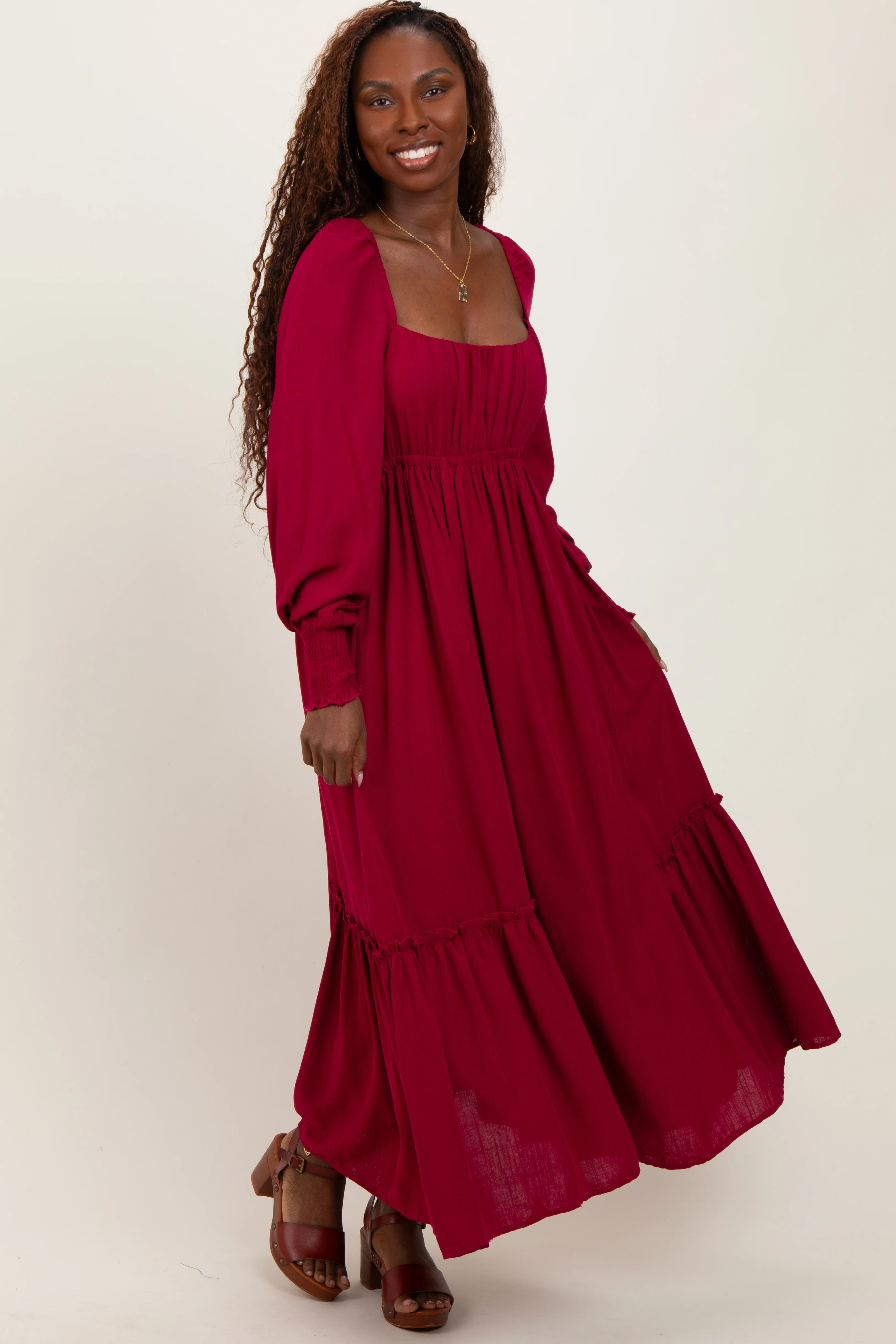 Burgundy Square Neckline Bubble Sleeve Maternity Maxi Dress - Image 4