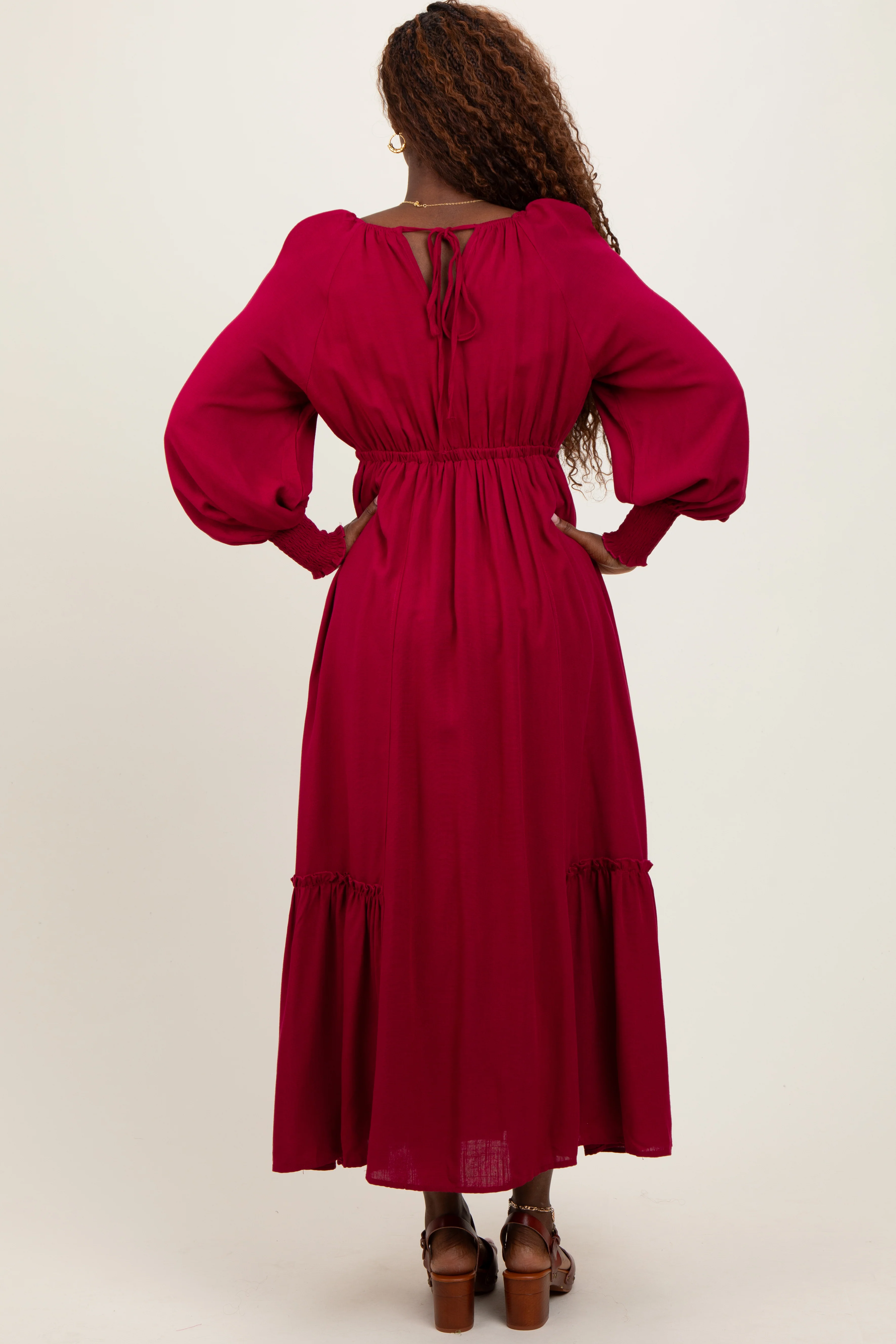 Burgundy Square Neckline Bubble Sleeve Maxi Dress - Image 4