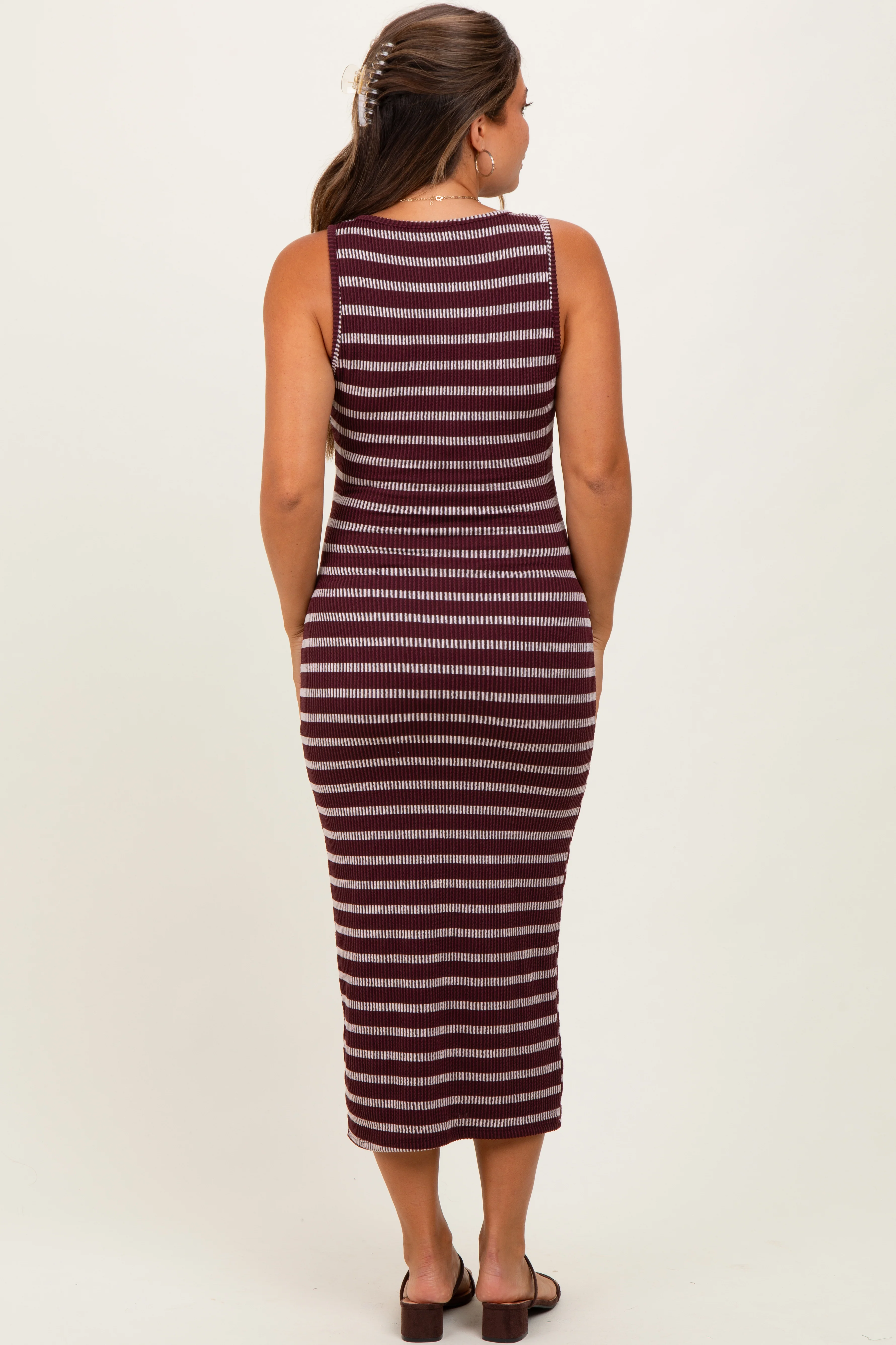 Burgundy Stripe Ribbed Sleeveless V Neck Maternity Maxi Dress - Image 4