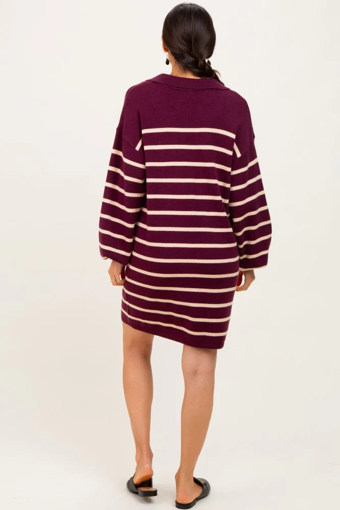 Burgundy Striped Knit Polo Sweater Dress - Image 4