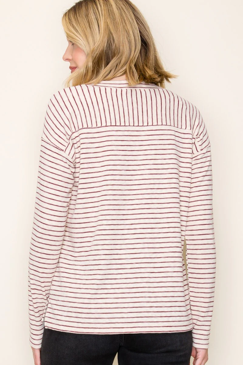 Burgundy Striped V-Neck Long Sleeve Top - Image 3