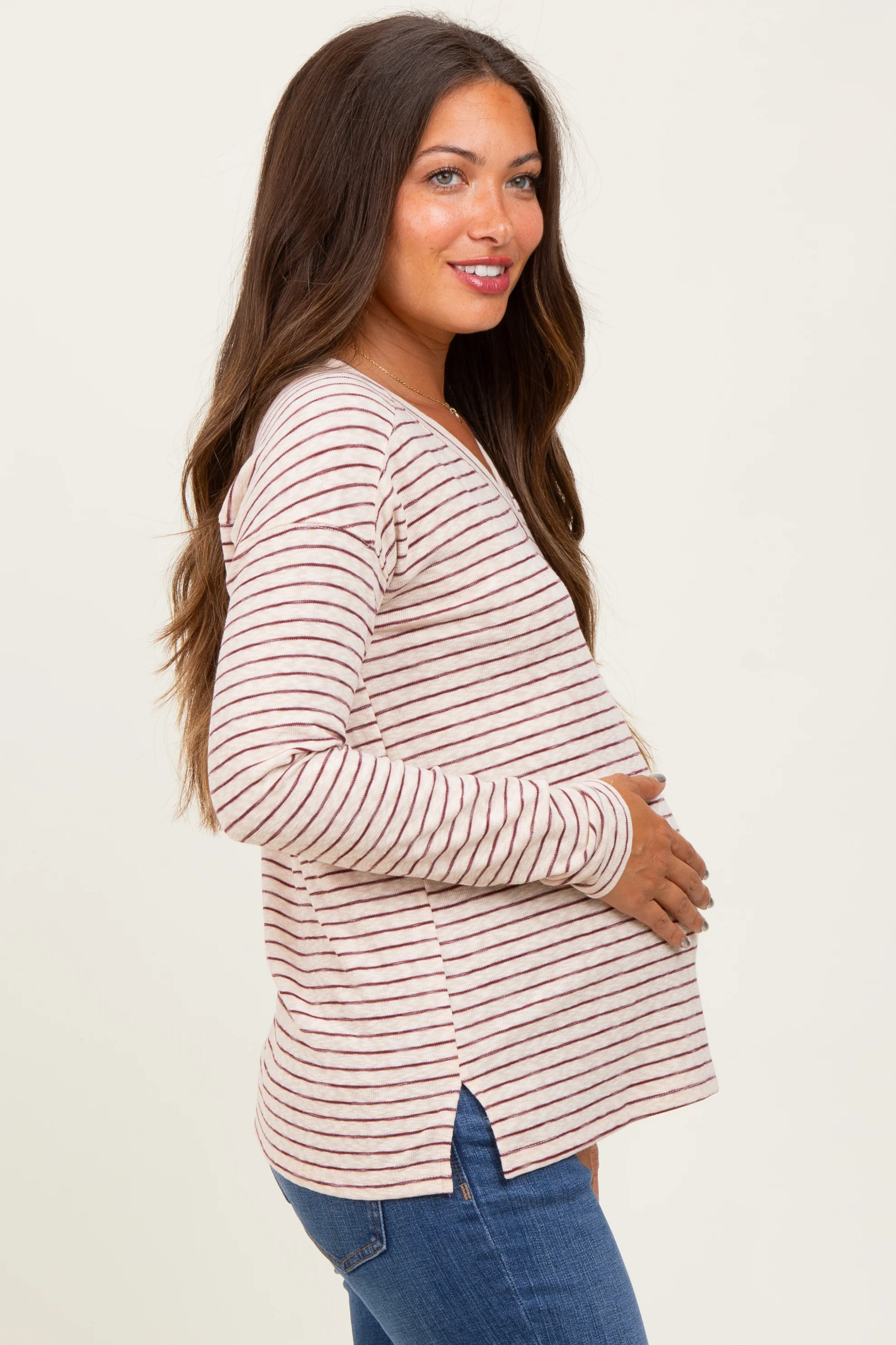 Burgundy Striped V-Neck Maternity Long Sleeve Top - Image 3
