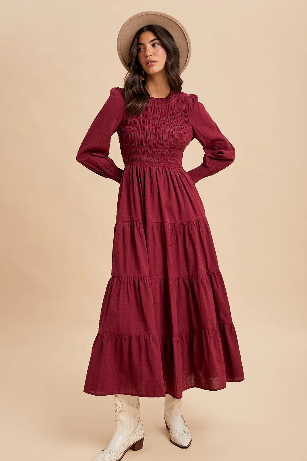 Burgundy Swiss Dot Smocked Tiered Maxi Dress - Image 3