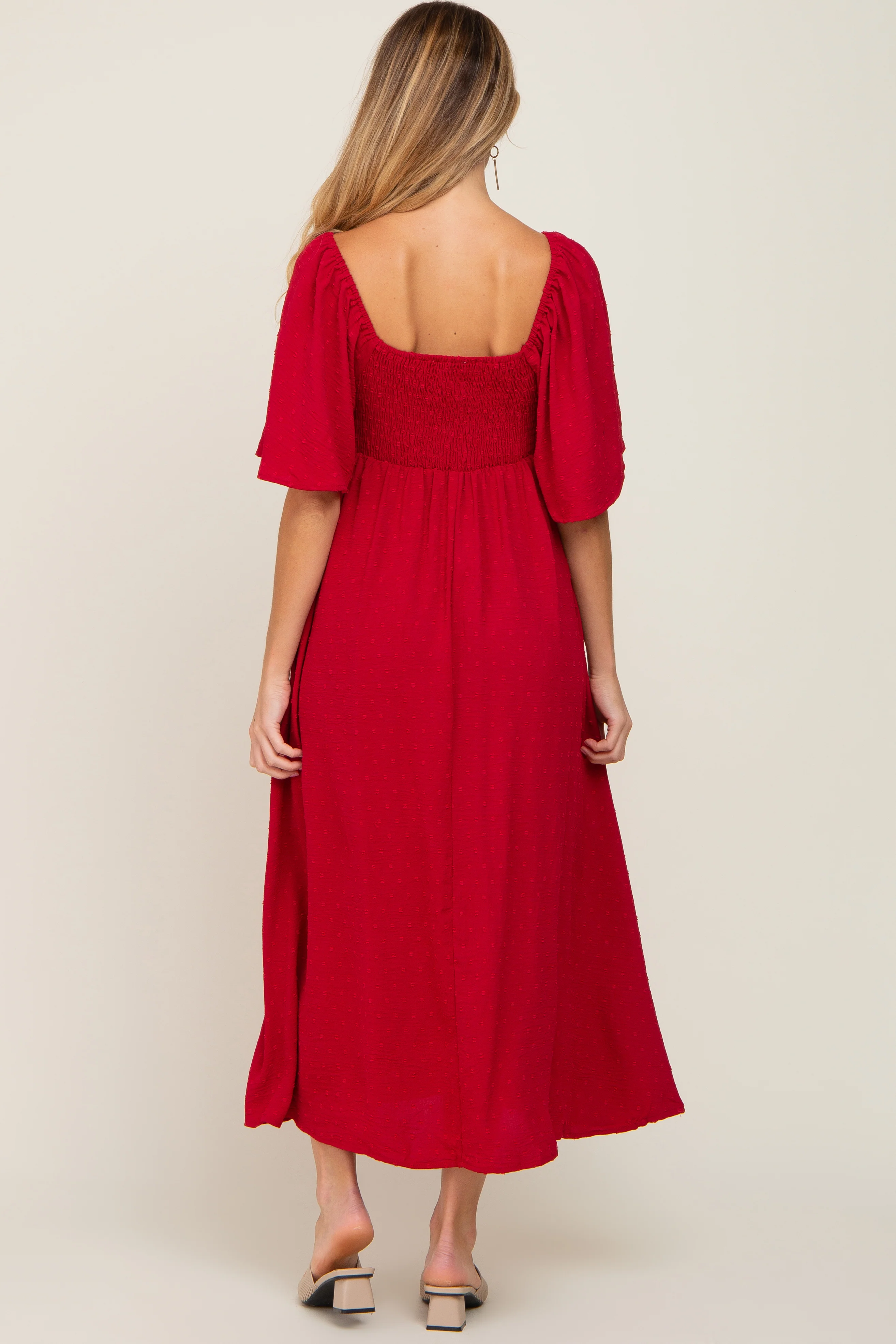 Burgundy Textured Dot Front Tie Ruffle Sleeve Maternity Midi Dress - Image 3