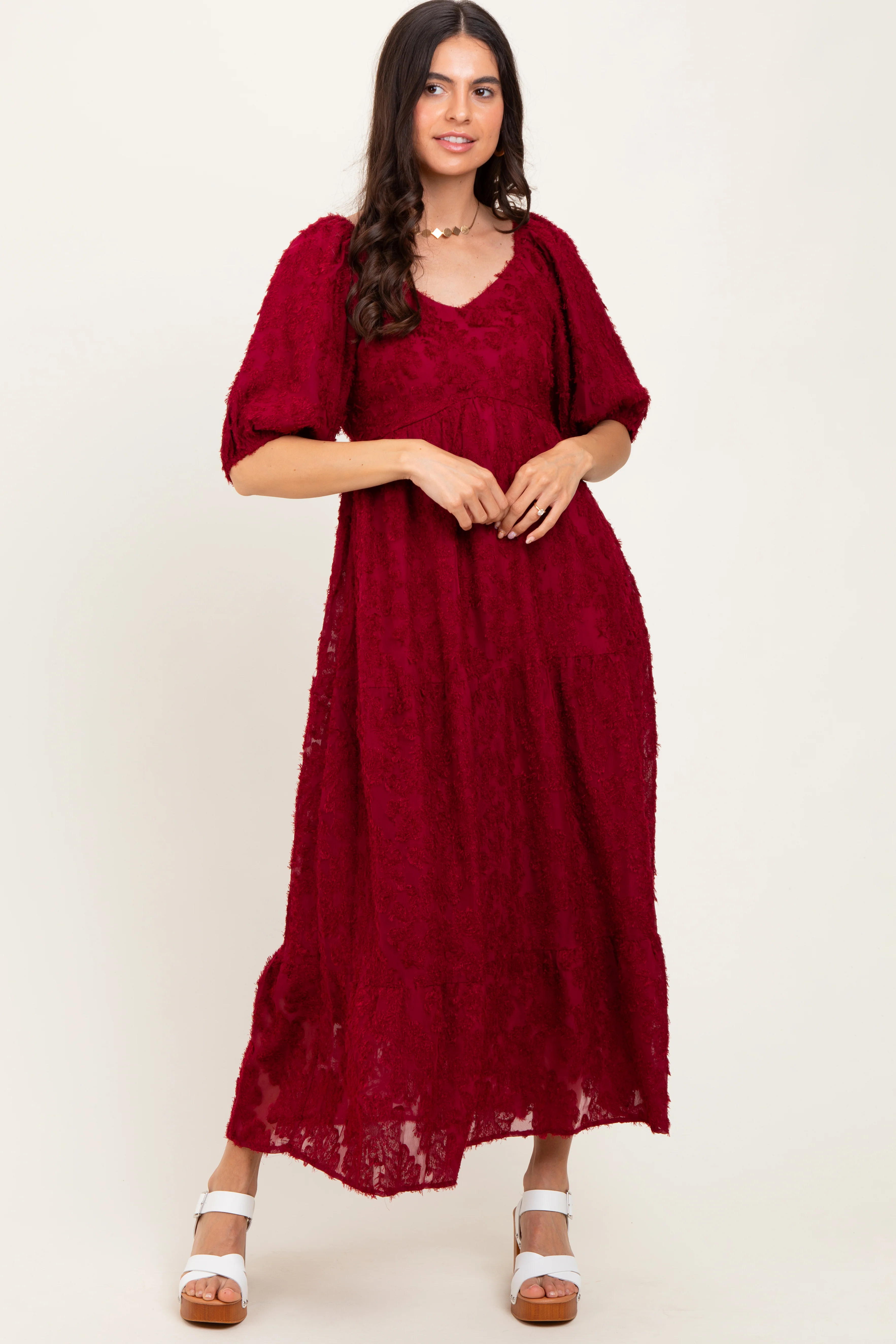 Burgundy Textured Tiered Maternity Midi Dress - Image 5
