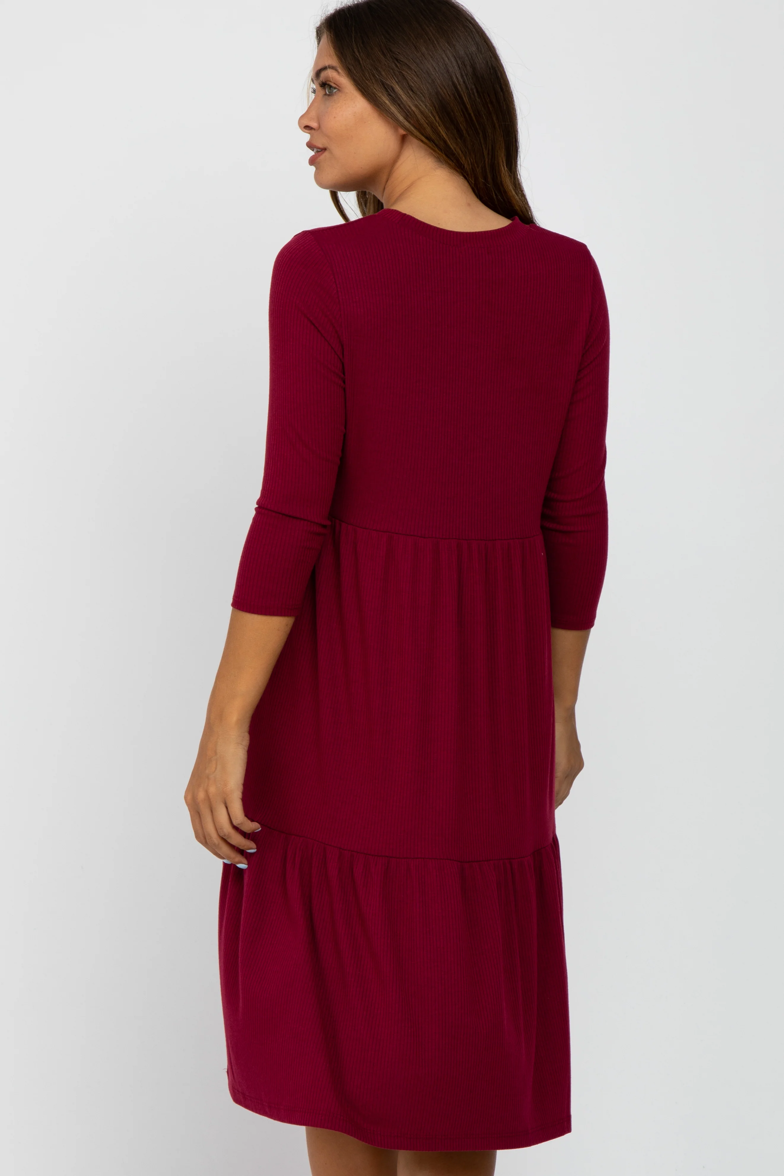 Burgundy Tiered Ribbed 3/4 Sleeve Maternity Midi Dress - Image 3