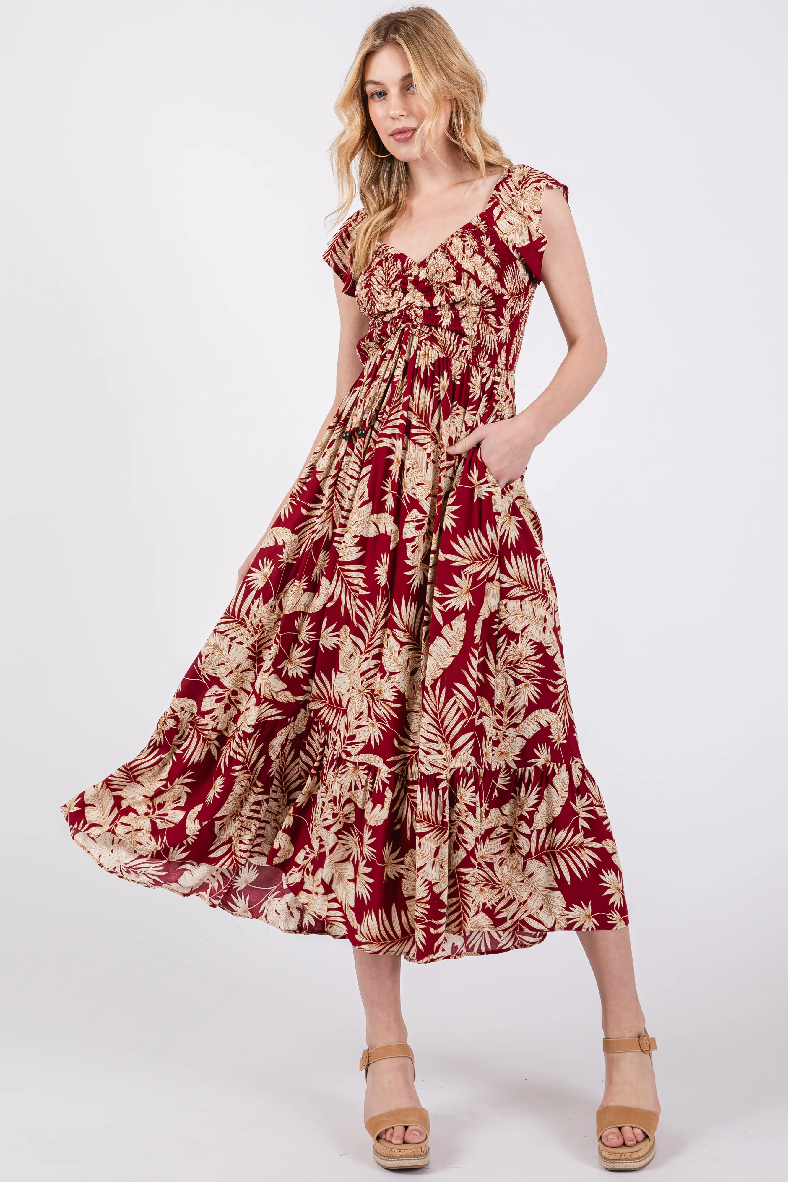 Burgundy Tropical Print Smocked Short Sleeve Maternity Maxi Dress - Image 5