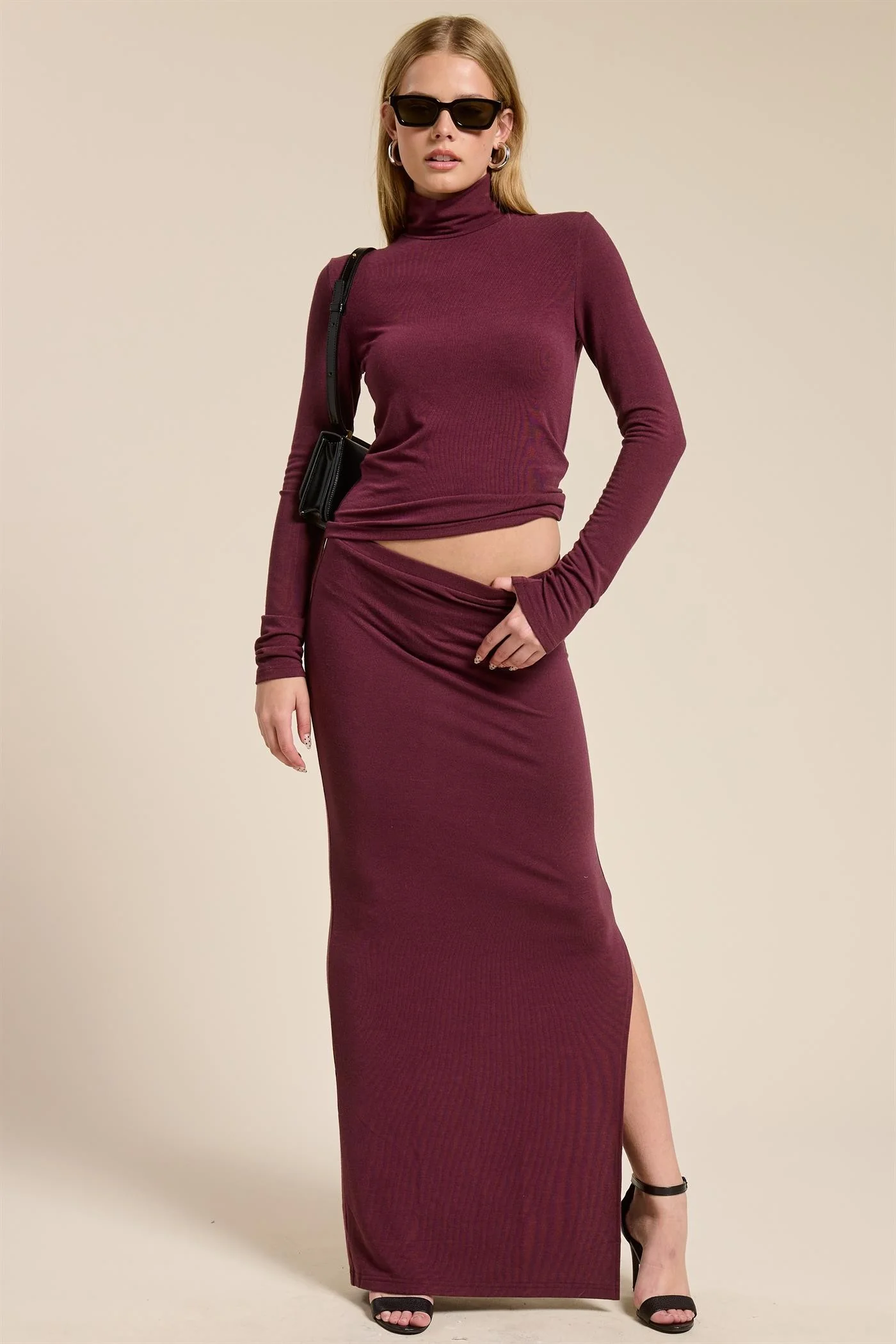 Burgundy Turtleneck Top Maxi Skirt Maternity Set - Image 6