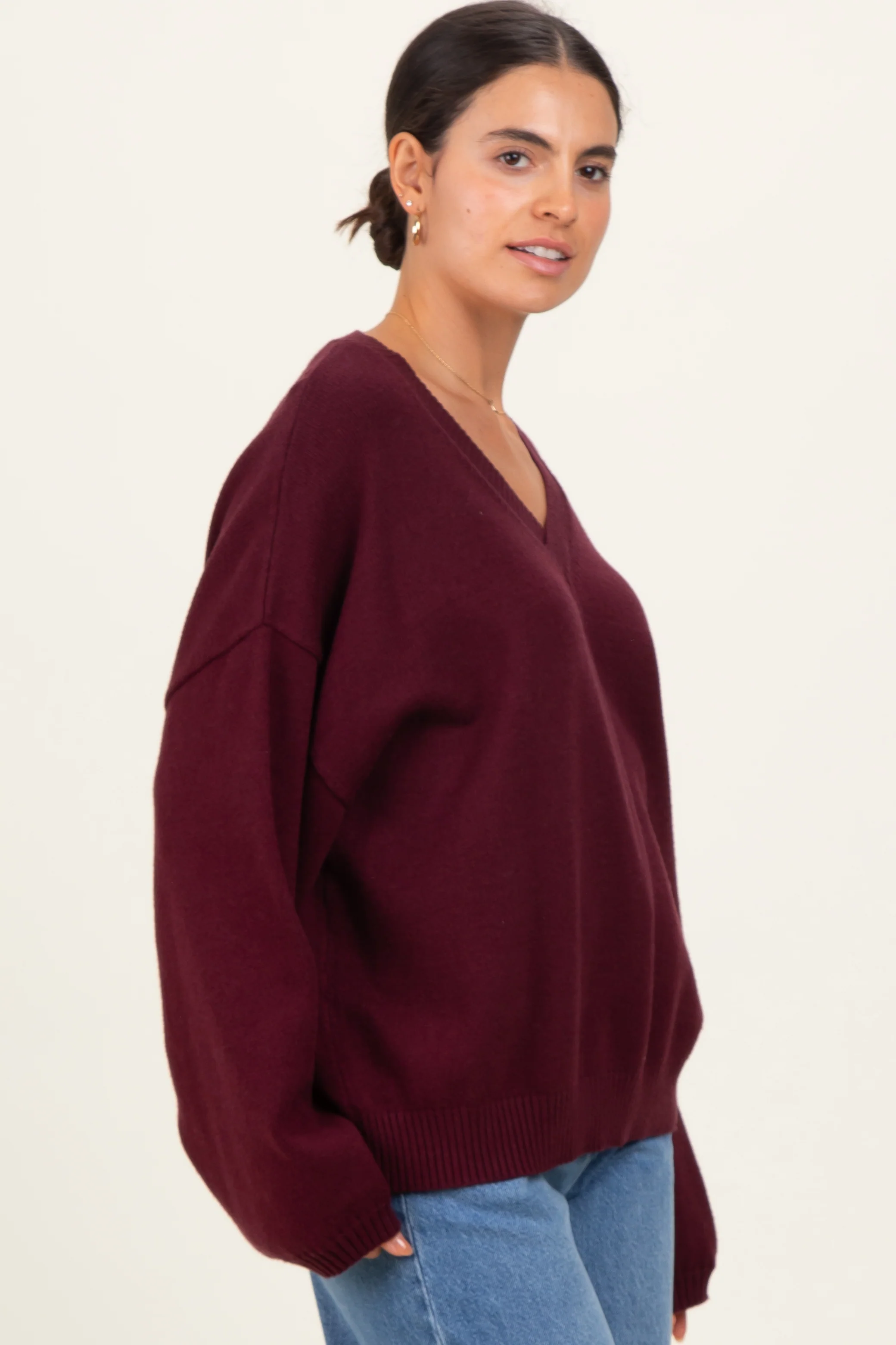 Burgundy V-Neck Drop Shoulder Maternity Sweater - Image 3
