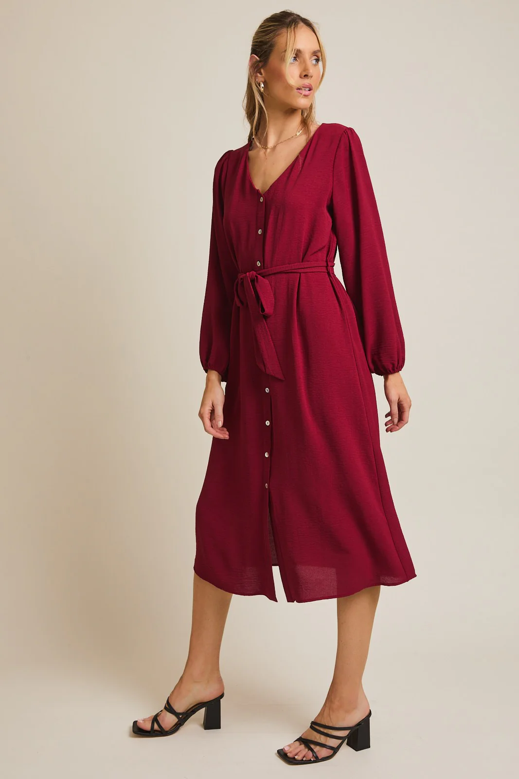 Burgundy V Neck Long Sleeve Button Down Midi Dress - Image 2