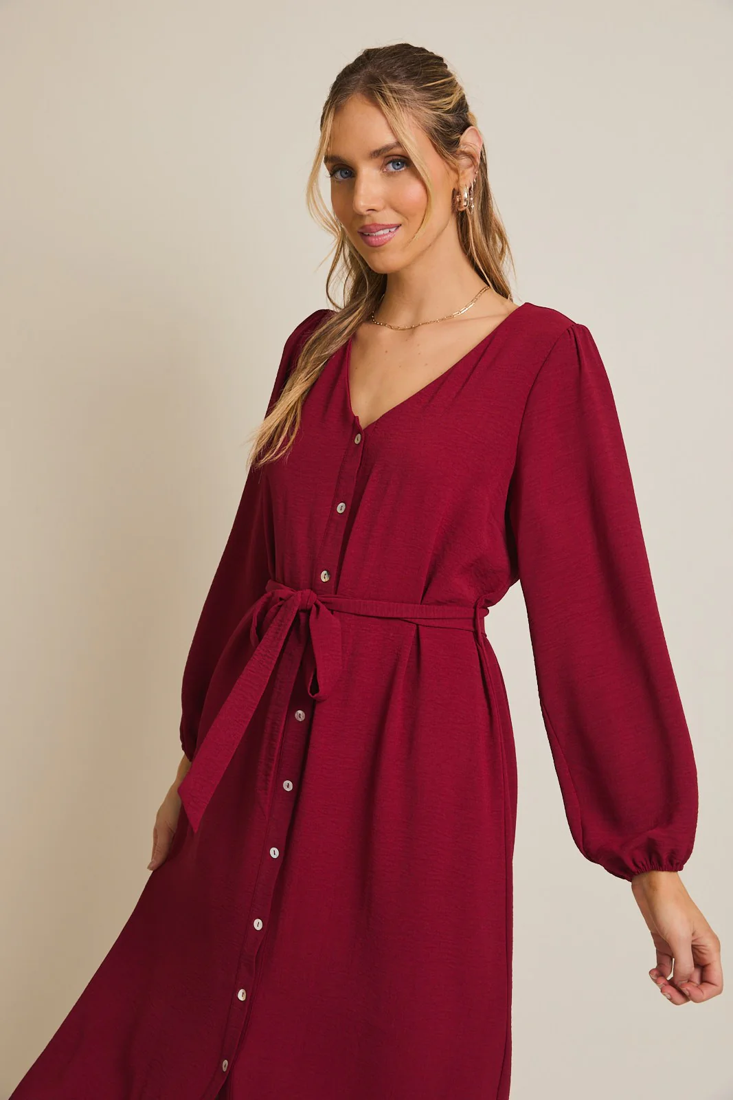 Burgundy V Neck Long Sleeve Button Down Midi Dress - Image 5