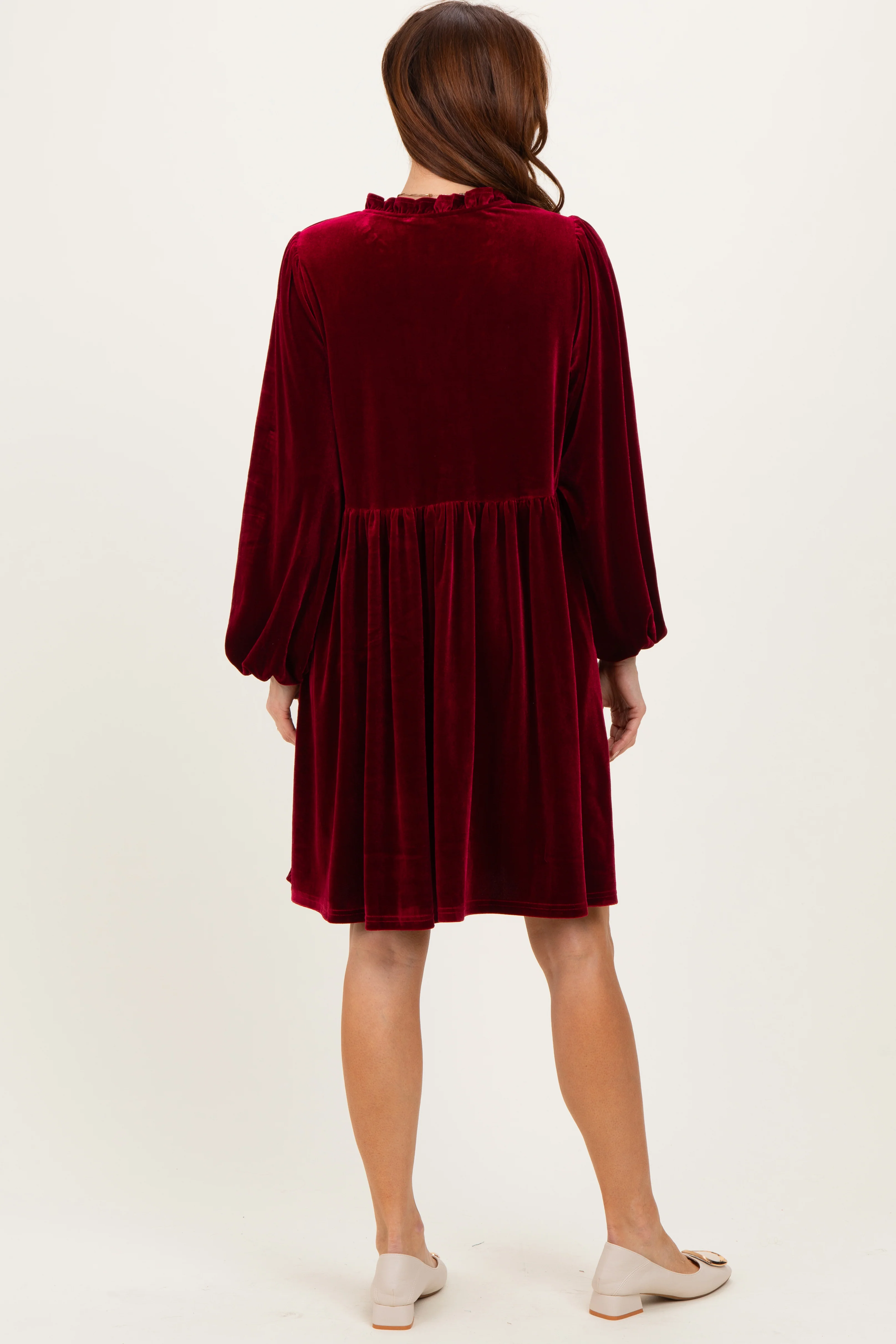 Burgundy Velvet Button Up V-Neck Dress - Image 3
