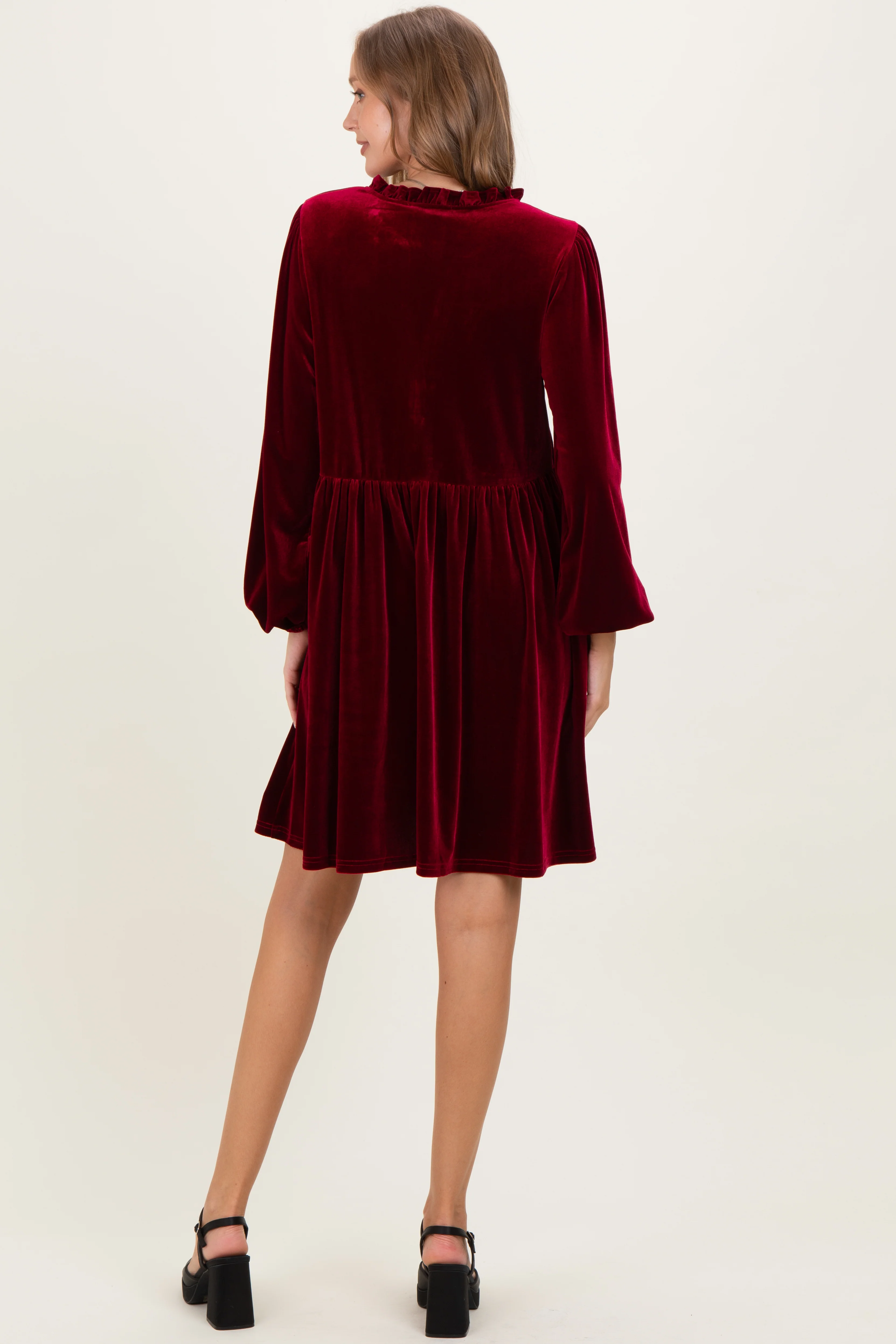 Burgundy Velvet Button Up V-Neck Maternity Dress - Image 4