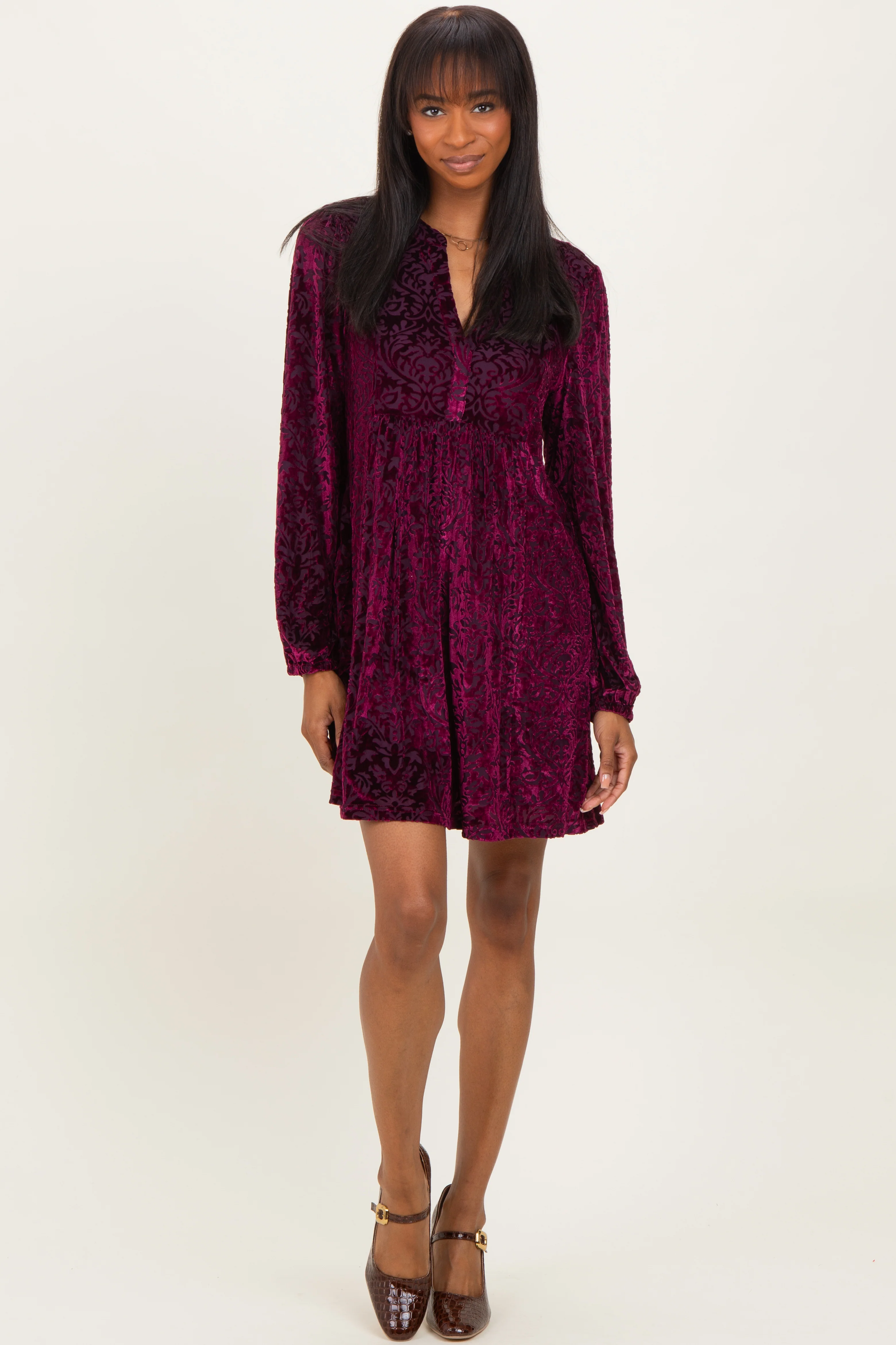 Burgundy Velvet Damask Print Long Sleeve Maternity Mini Dress - Image 5