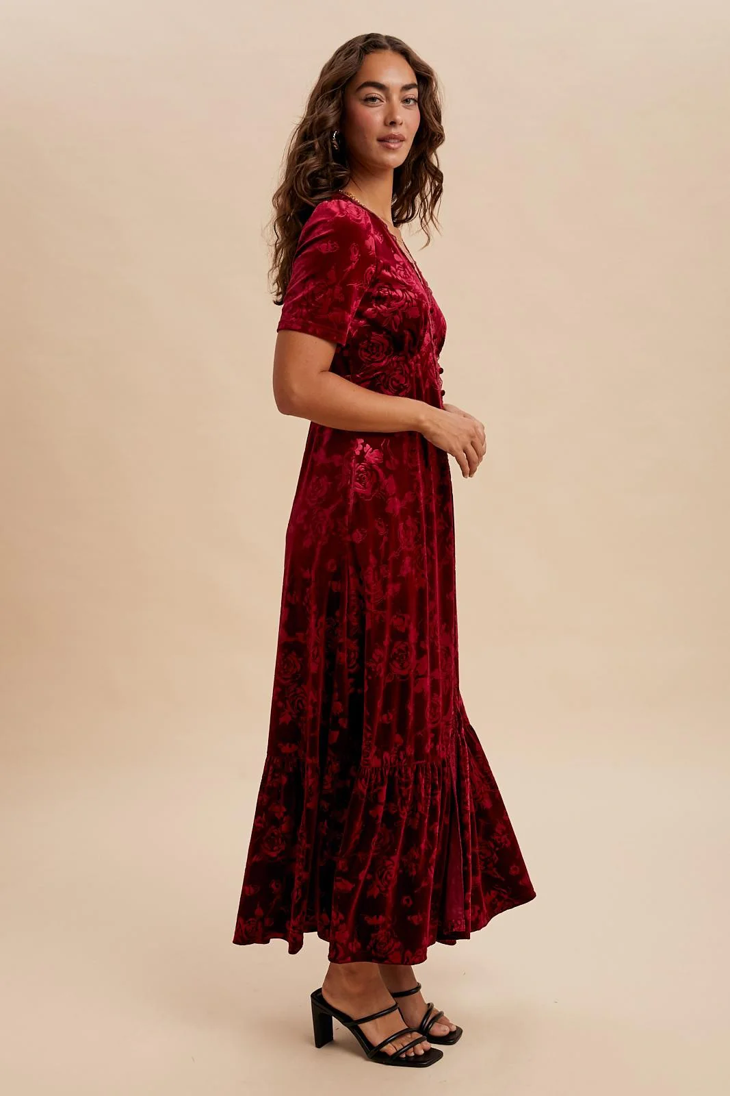Burgundy Velvet Floral Button Down Maxi Dress - Image 3